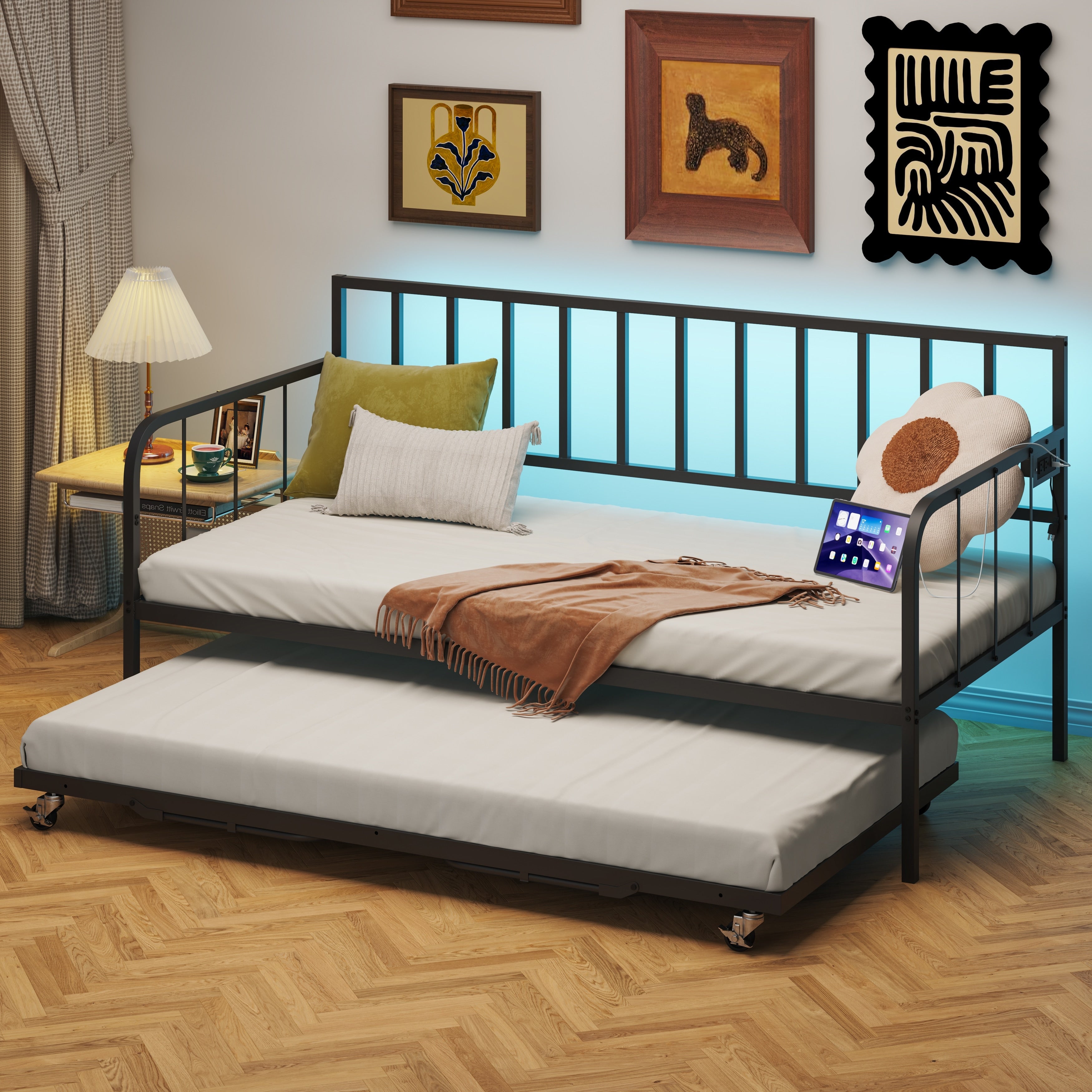 Twin Daybed With Trundle Metal Trundle Bed Sofa Bed Frame With Heavy Duty Metal Slats Sppports Space Saving