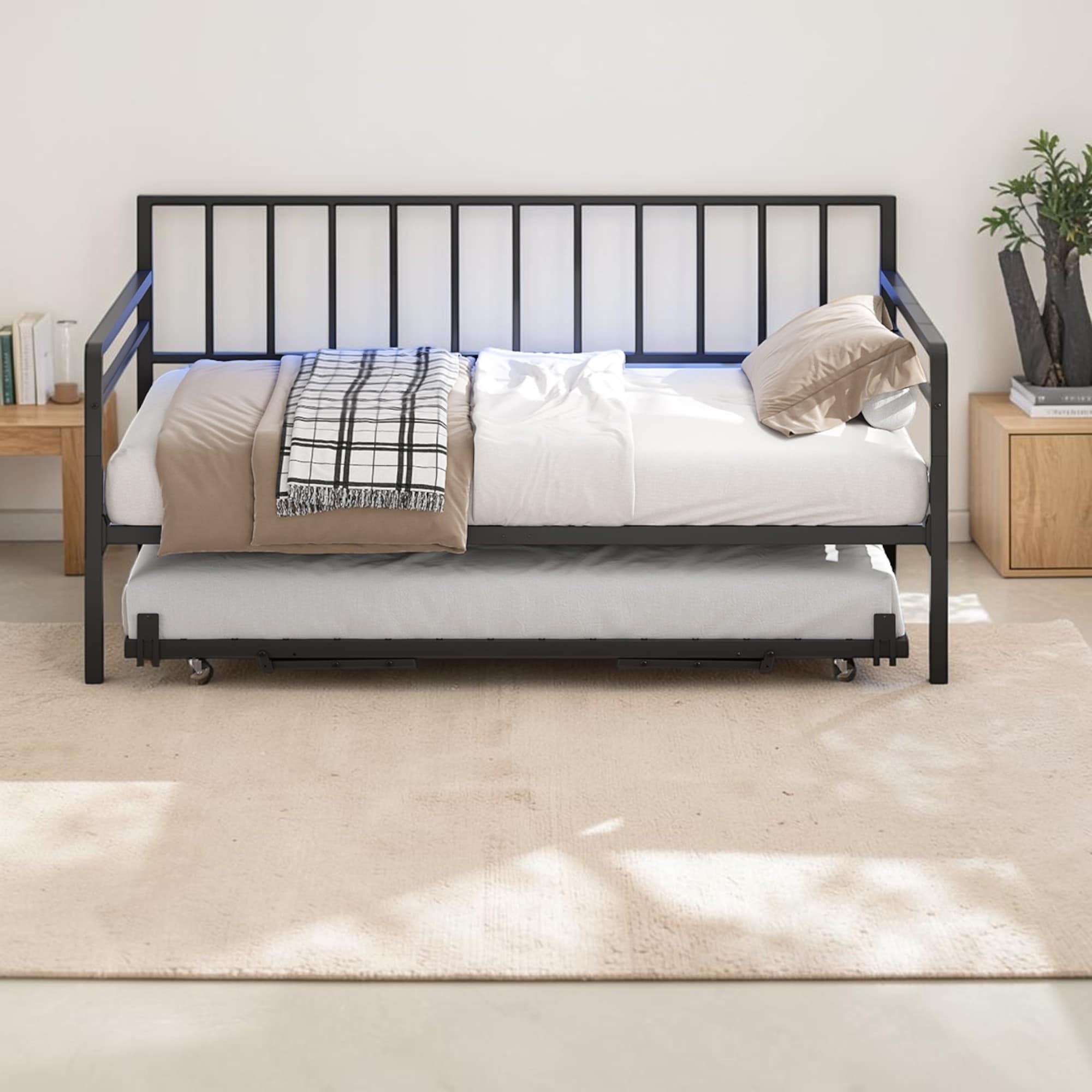 Twin Daybed With Trundle Rgb Led Lights And Charging Station Metal Sofa Bed Frame With Usb Ports