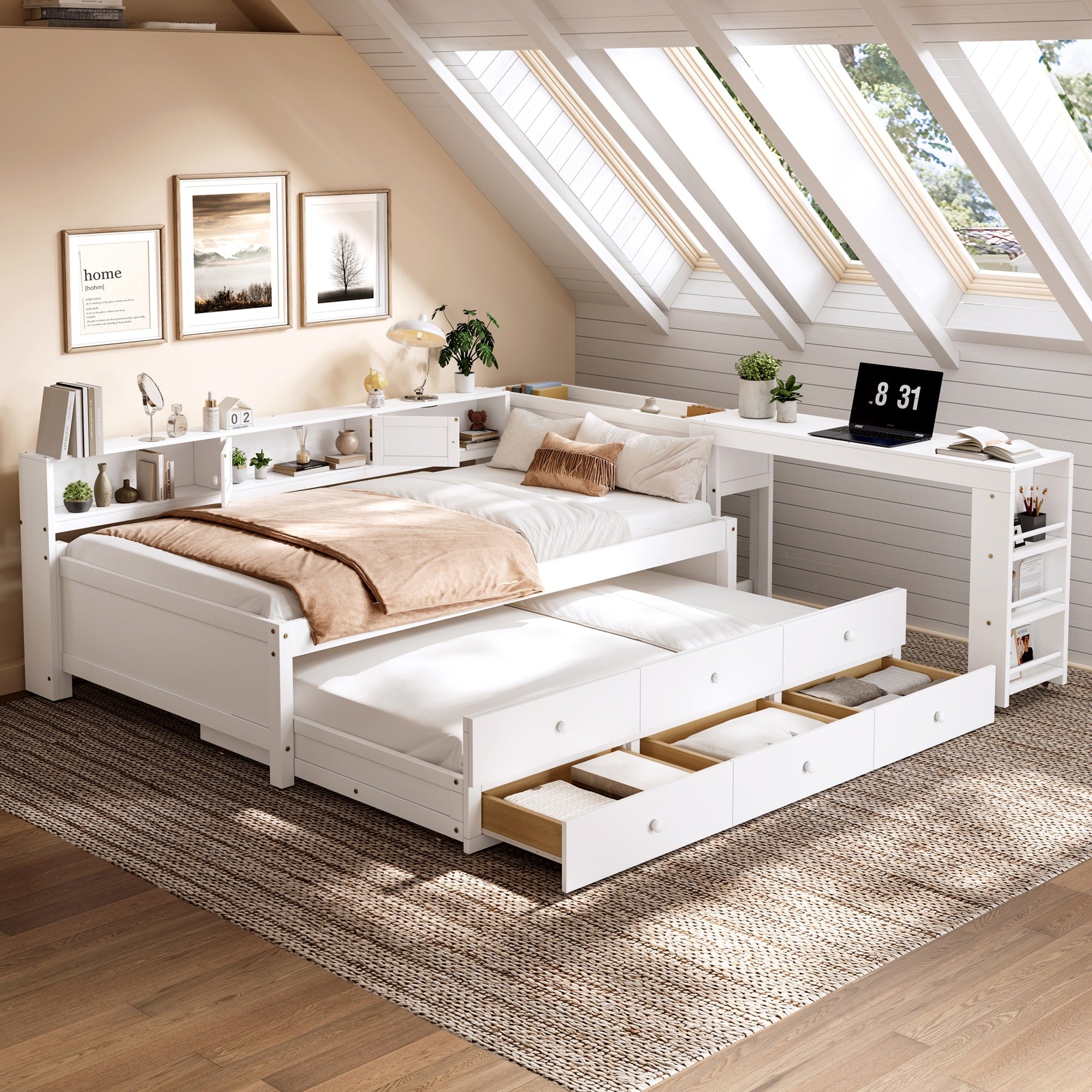 Twin Full Daybed With Pull Out Trundle Desk Built In Storage Shelves