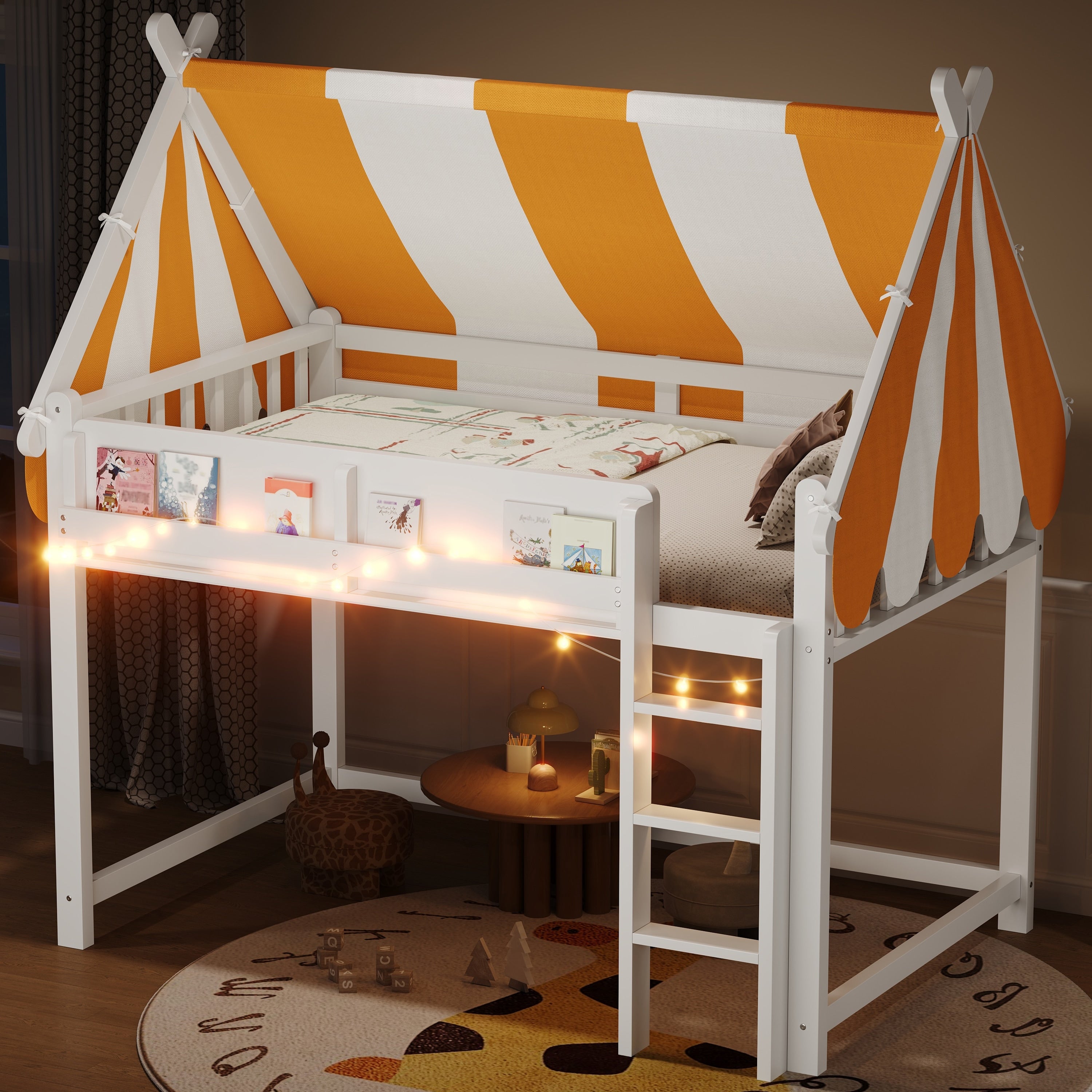 Twin Full Loft Bed With Canopy Led Lights Bookshelf And Open Play Space