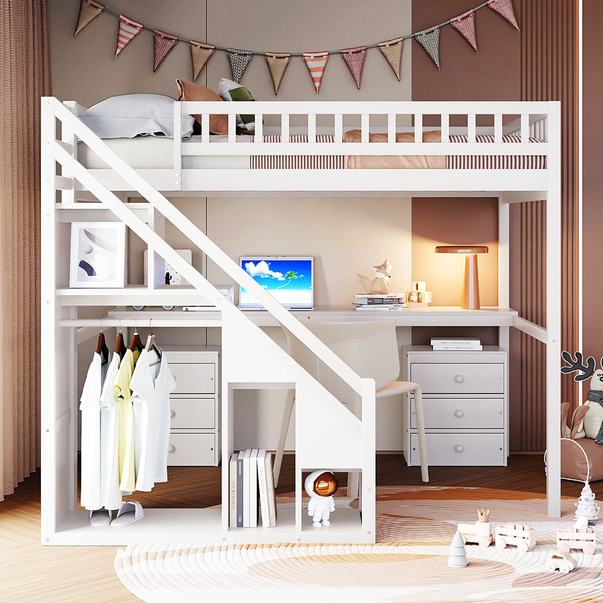 Twin Full Loft Bed With Desk Drawers Led Light Strip For Study Storage