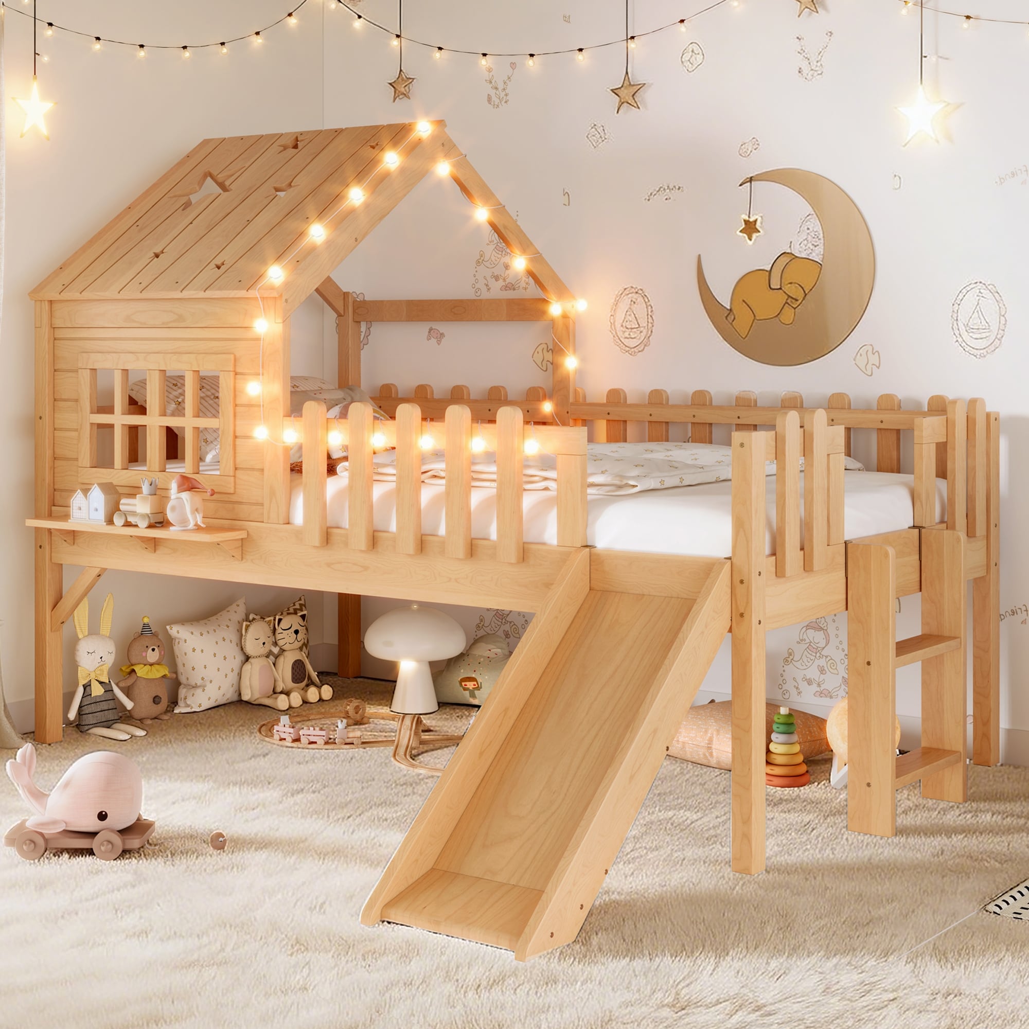 Twin Full Loft Bed With Slide Star Moon Led Lights Playhouse Design No Box Spring