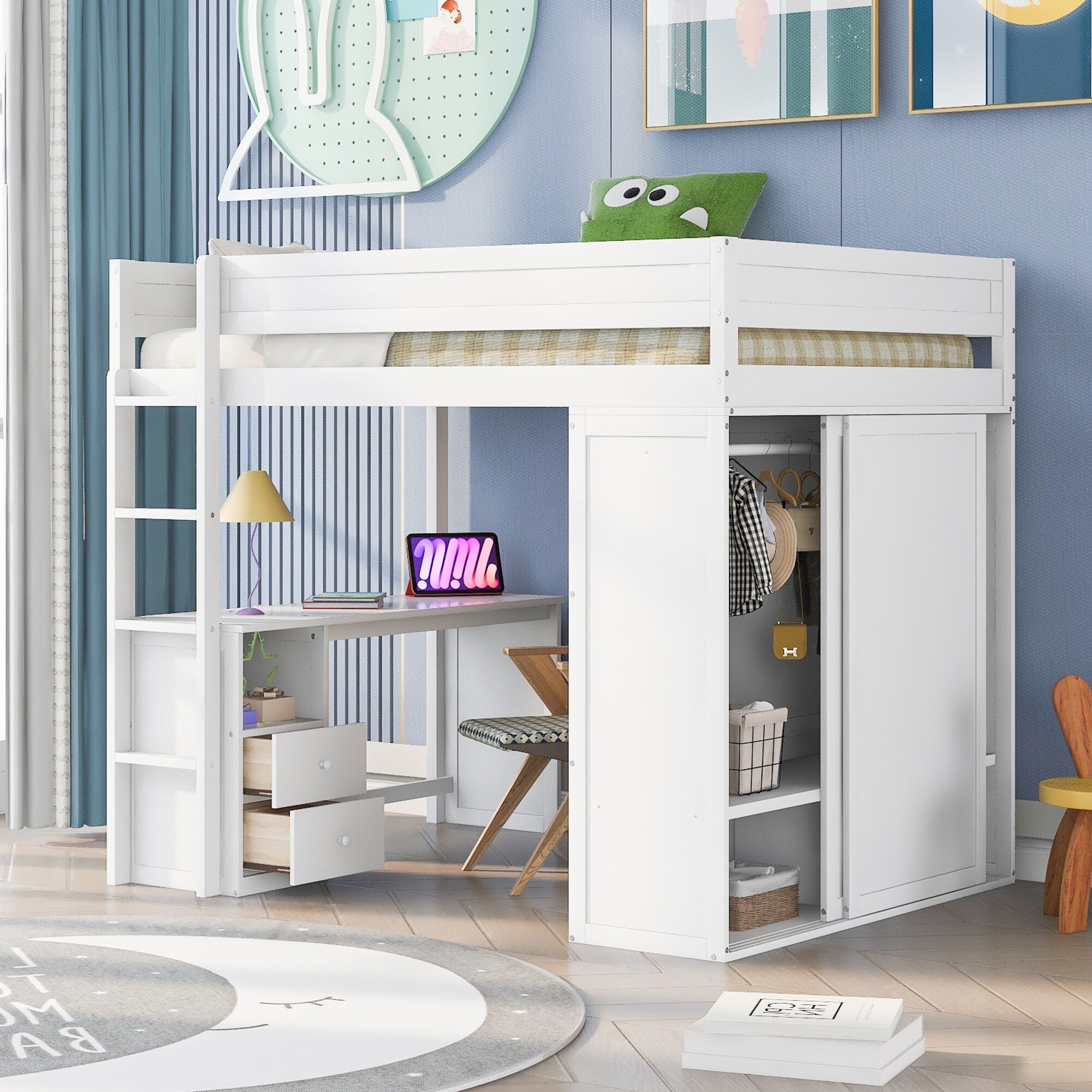 Twin Full Loft Bed With Wardrobe Desk 2 Drawer Storage Cabinet
