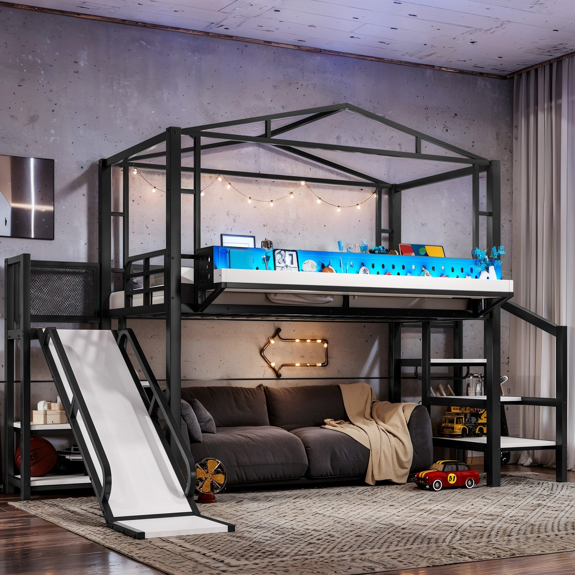 Twin Full Metal Loft Bed Storage Stairs Wardrobe Shelves Usb Led