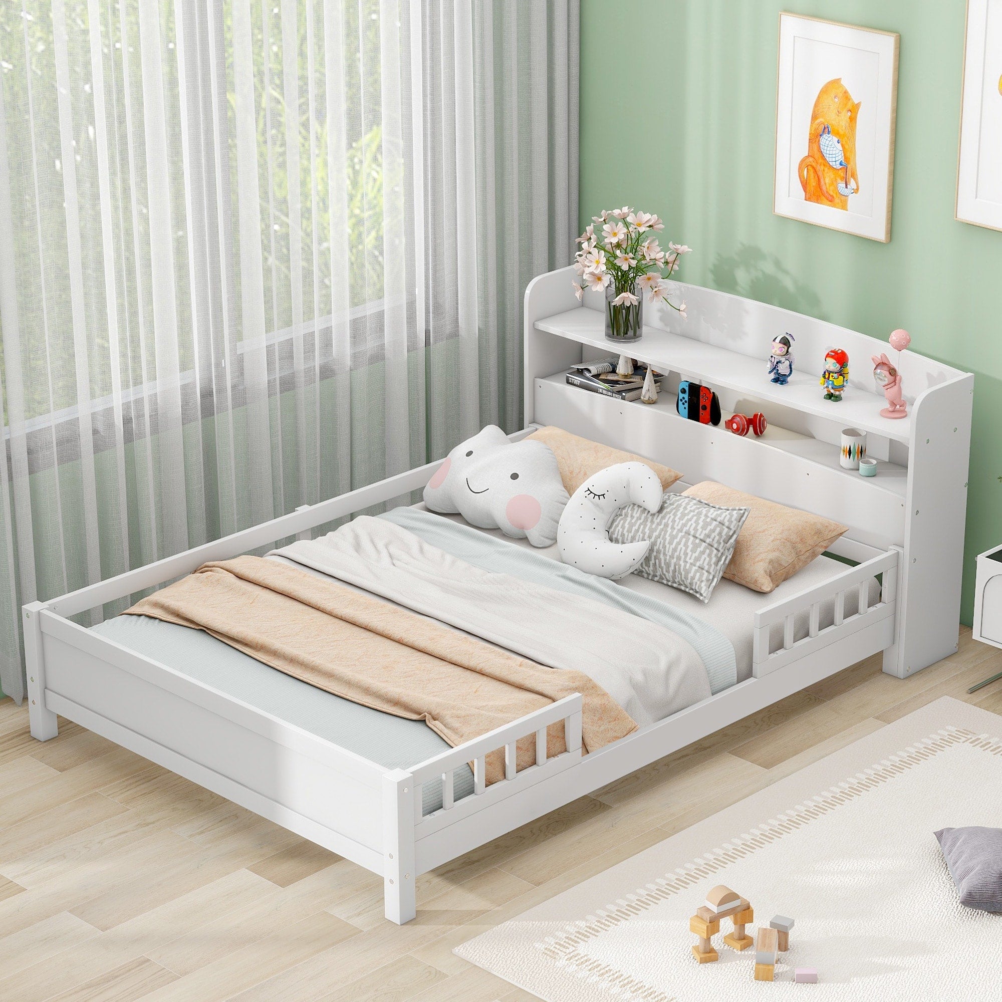 Twin Full Platform Bed With Led Light Storage Headboard Guardrail