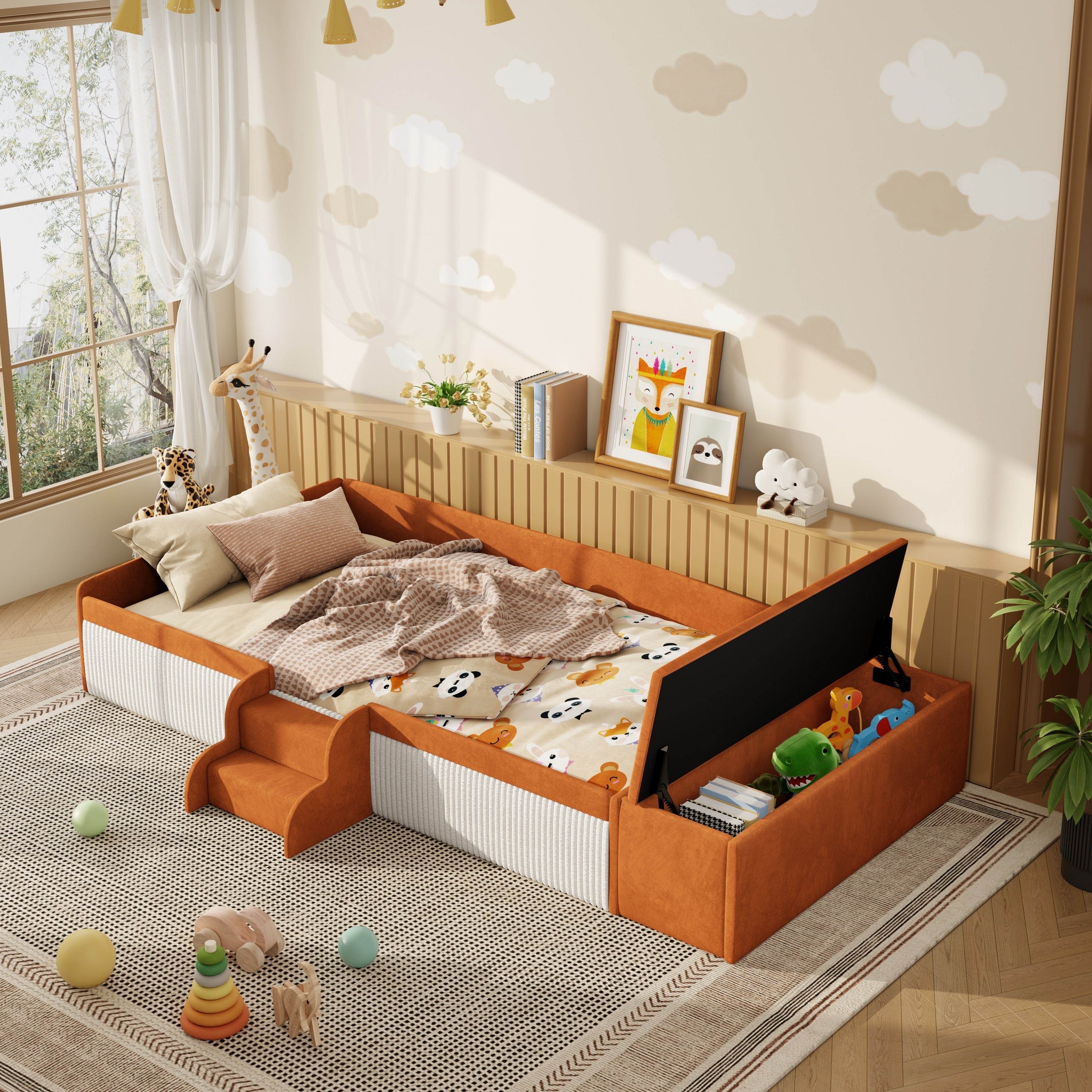 Twin Full Queen King Velvet Daybed With Stairs Storage Ottoman Padded Guardrails