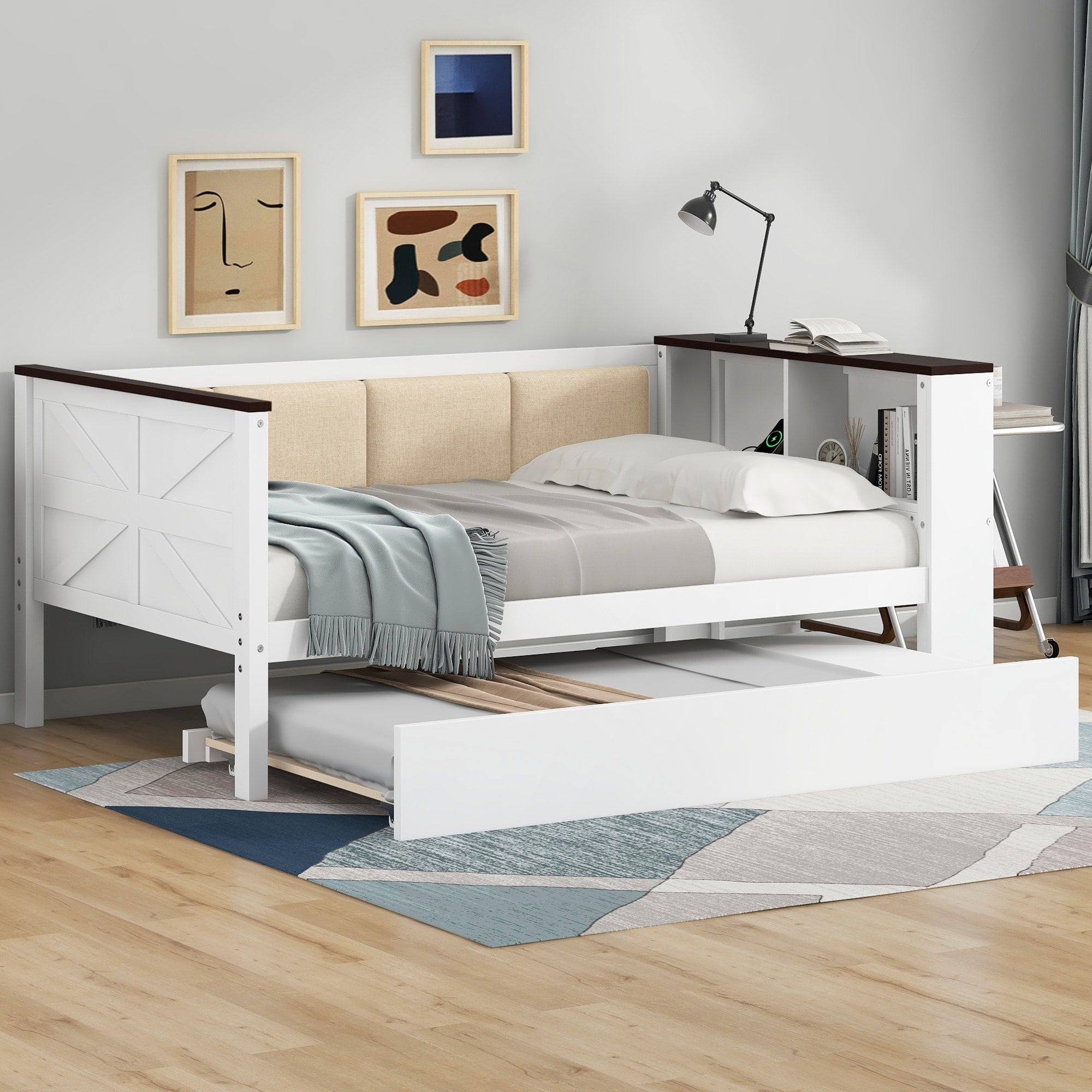 Twin Full Size Daybed With Storage Shelves Usb Charging Trundle
