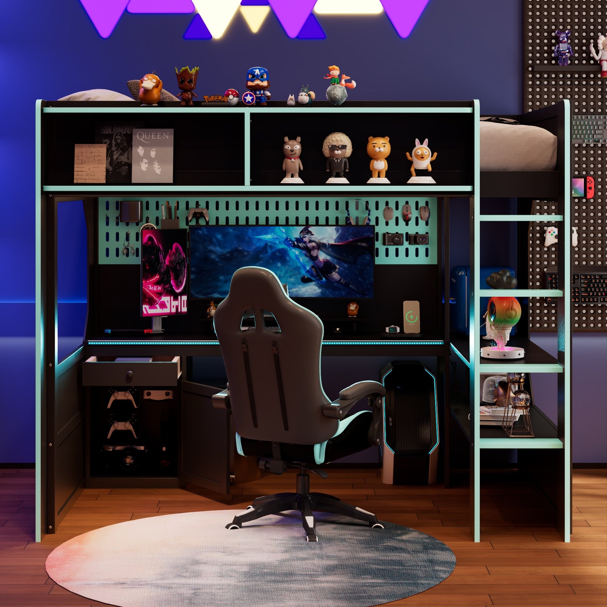 Twin Full Size Gaming Loft Bed With Integrated Desk And Led Lights