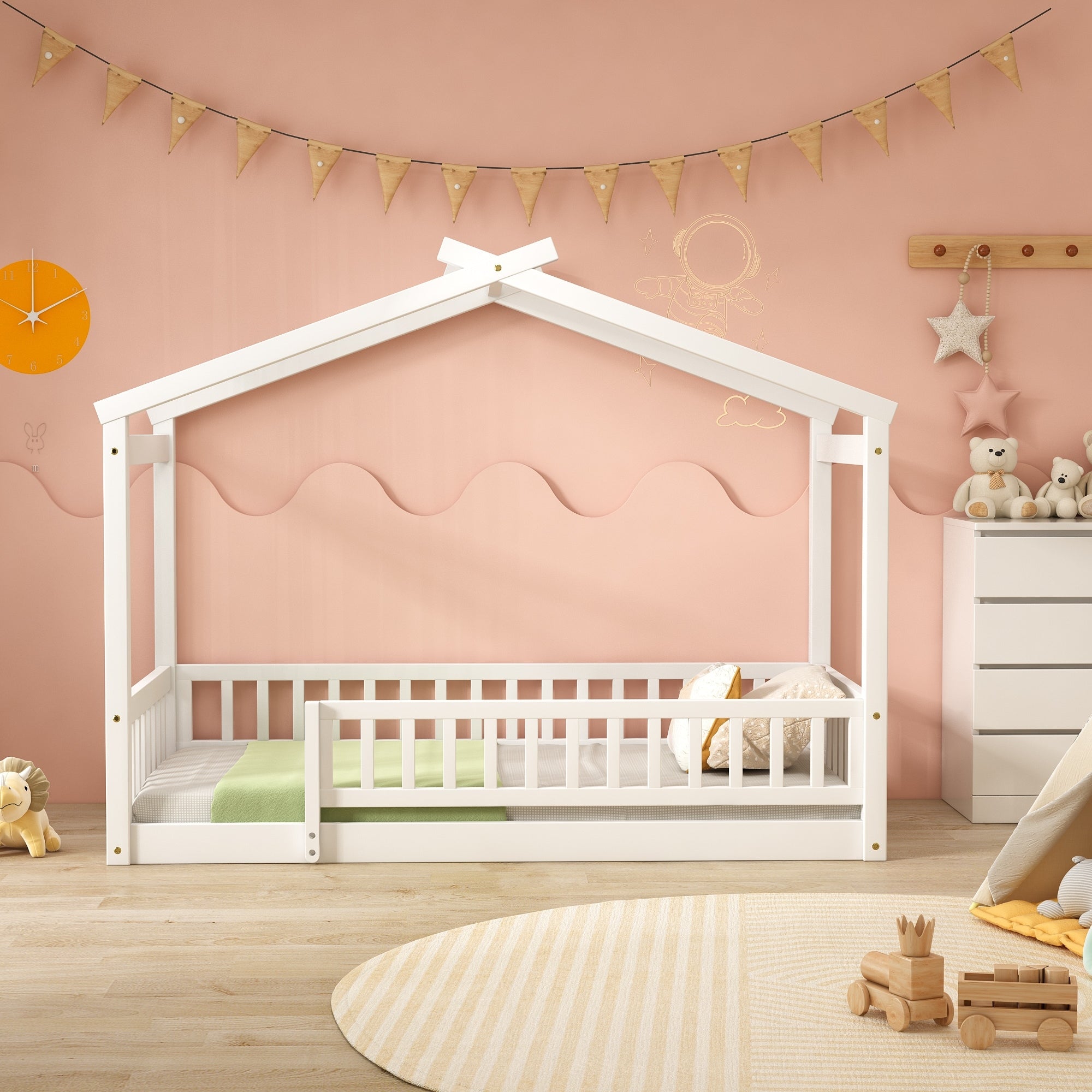 Twin Full Size House Bed With Roof Fence Sturdy Pinewood Frame