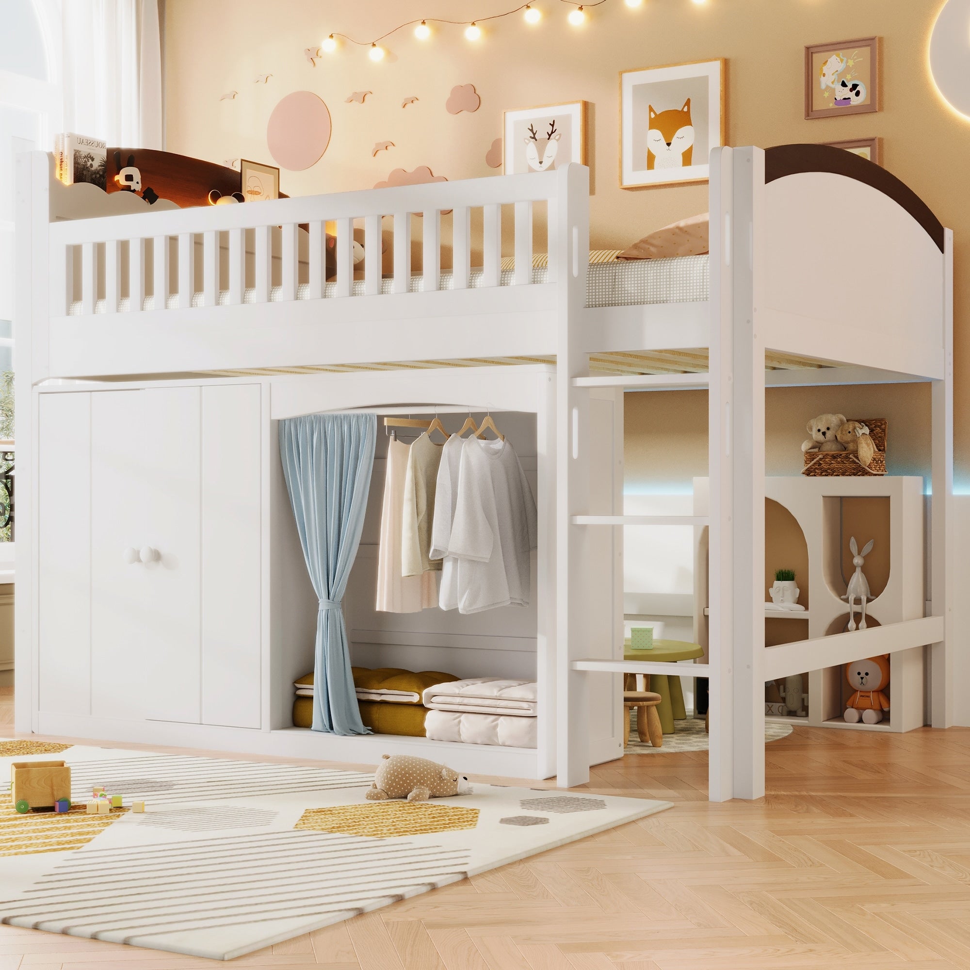 Twin Full Size Loft Bed With Storage Cabinet Wardrobe And Led Light