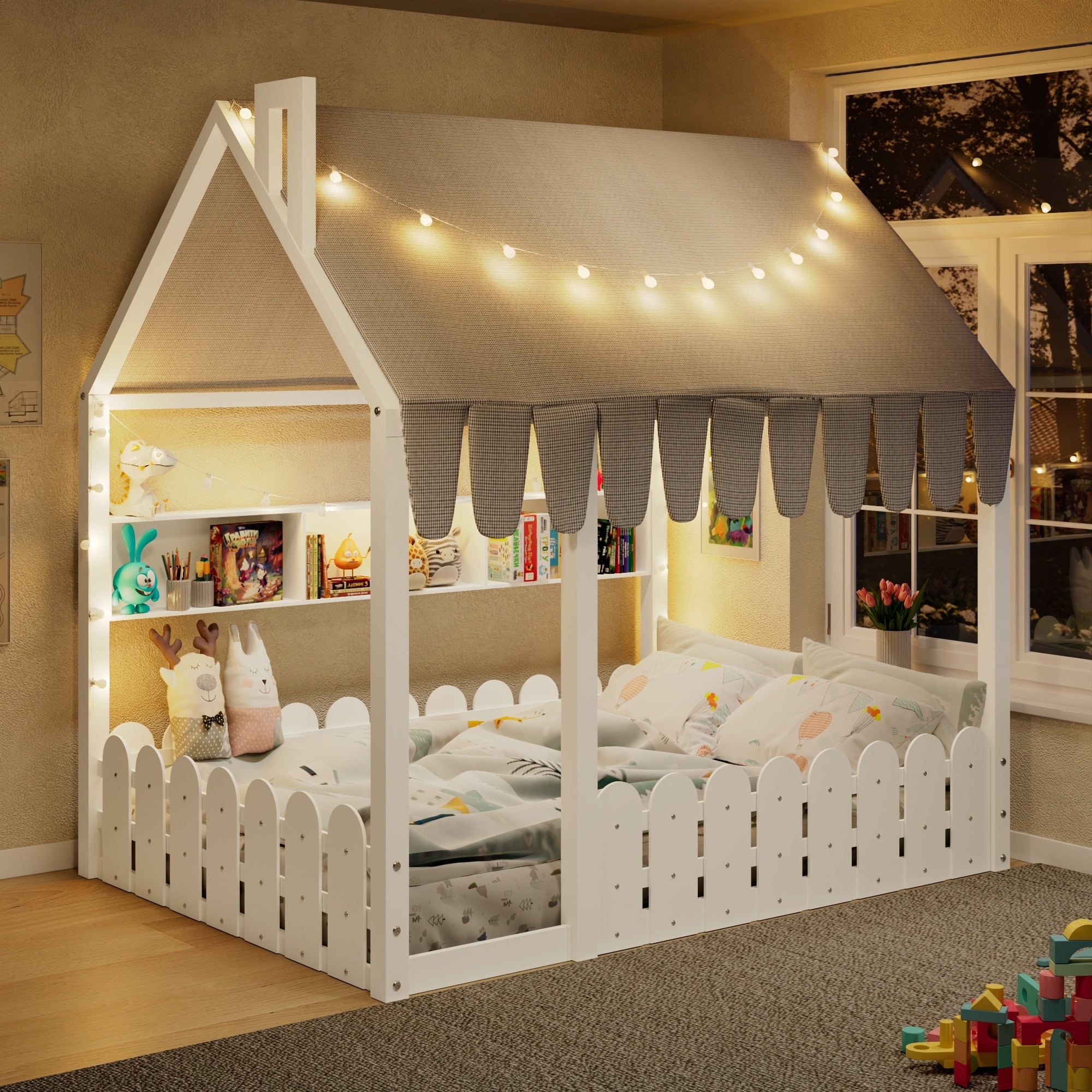 Twin Full Size Montessori House Bed With Tent Lights Storage Shelves
