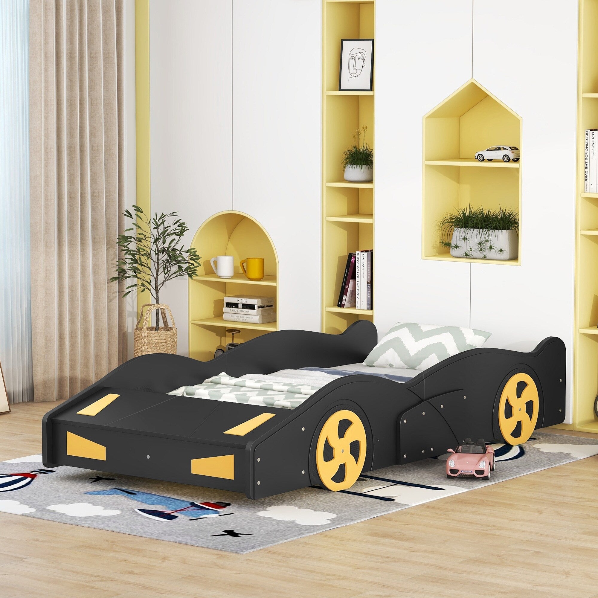 Twin Full Size Race Car Shaped Platform Bed With Wheels And Storage
