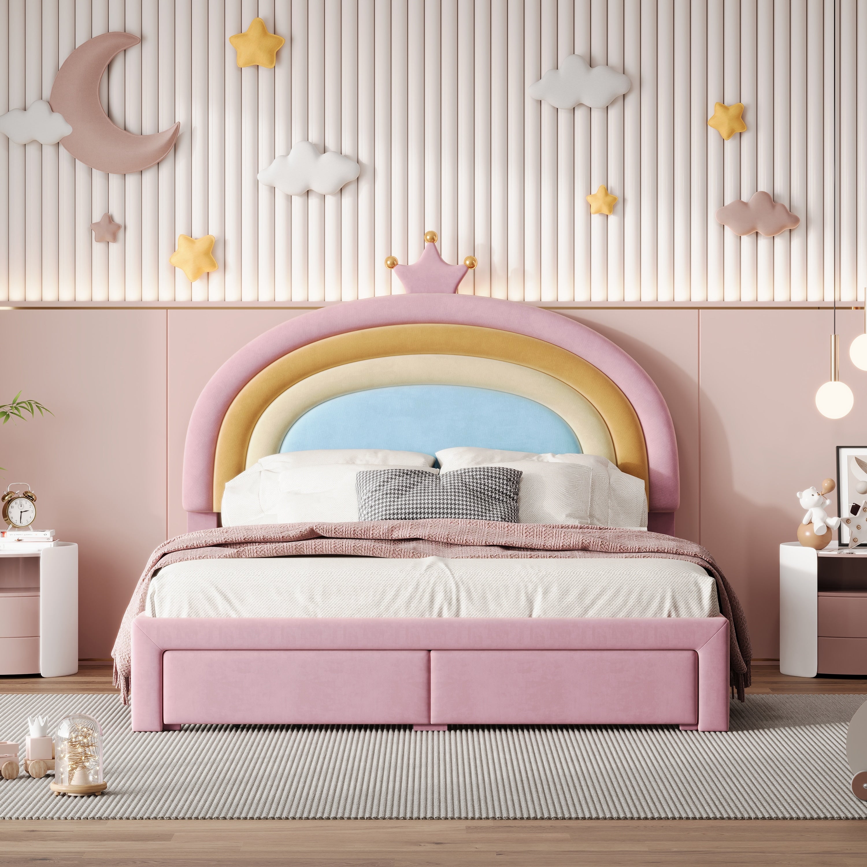 Twin Full Size Upholstered Rainbow Design Bed Velvet Princess Platform Bed With Storage Drawer