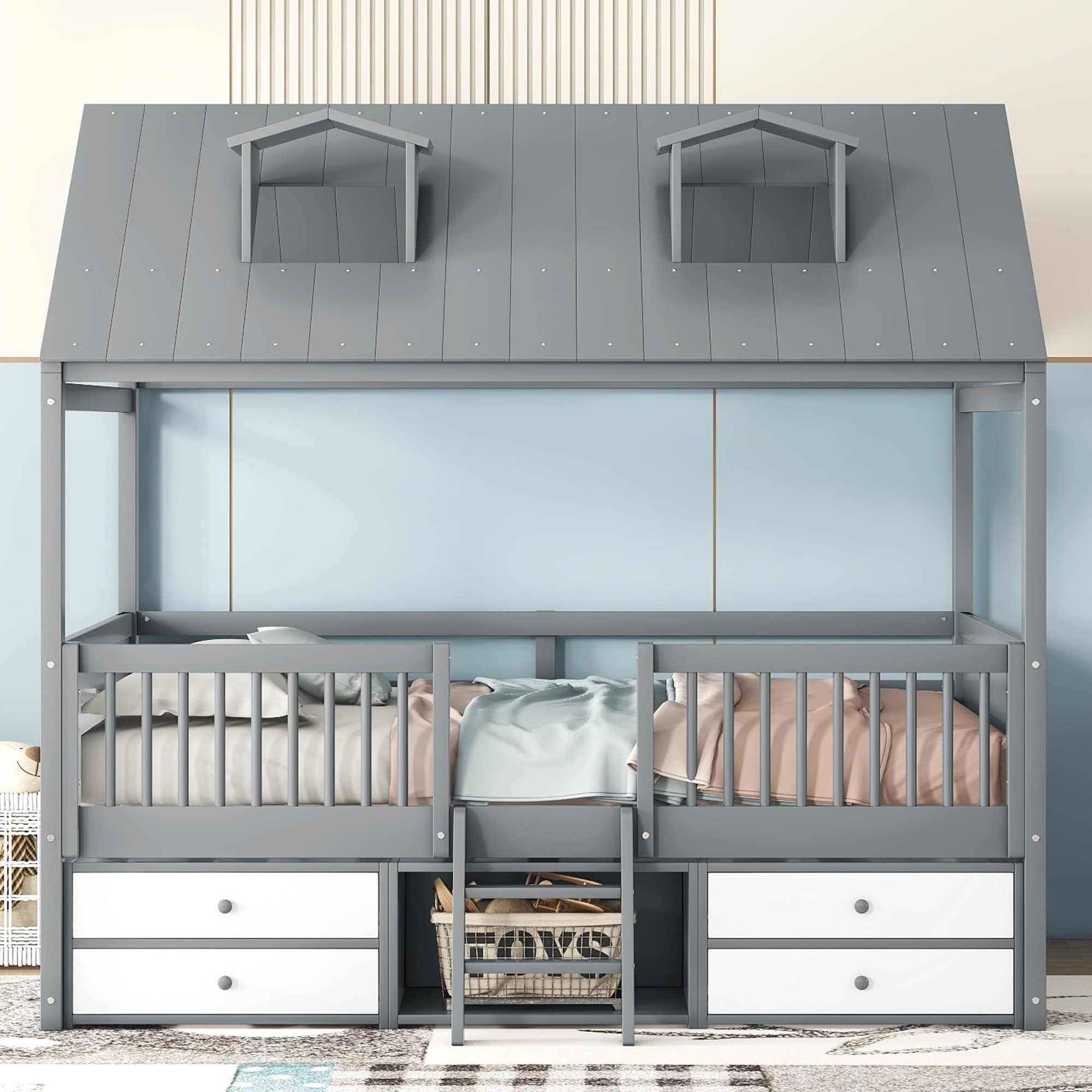 Twin Full Size Wood House Bed Frame With Skylights And Storage