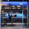 Twin Full Wood Loft Bed With Desk Rgb Lights Side Storage Shelves