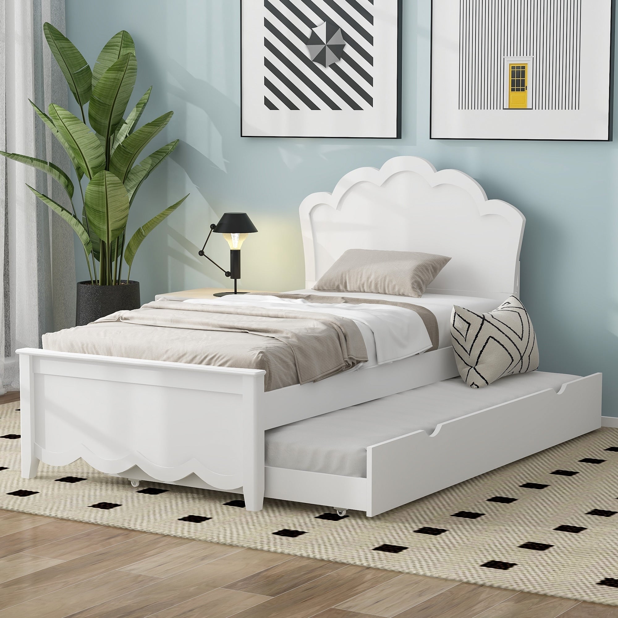 Twin Full Wood Platform Bed With Headboard Footboard And Twin Size Trundle