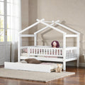 Twin Full Wooden House Bed With Twin Trundle Kids Platform Bed Frame With Roof Design Solid Pine Wood
