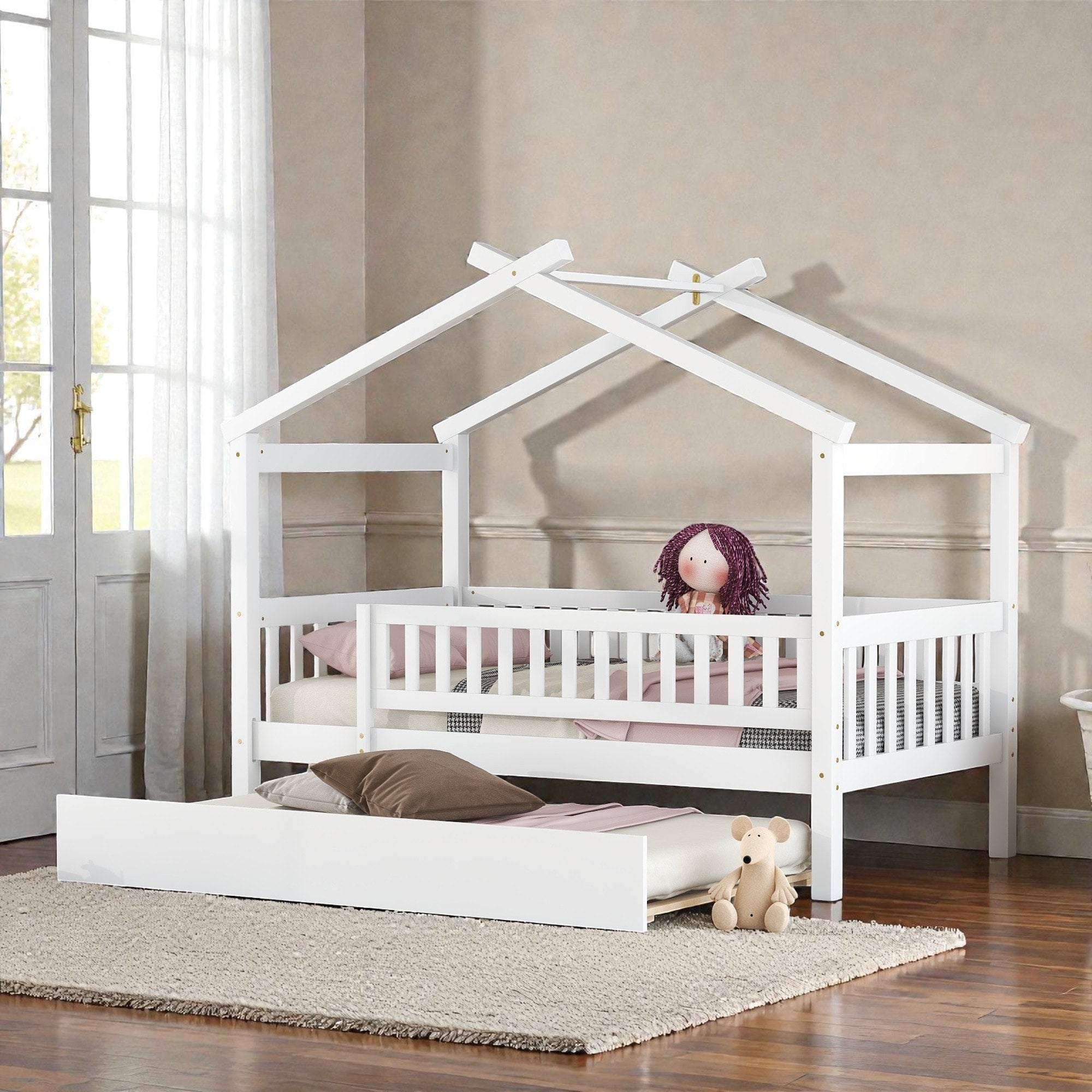 Twin Full Wooden House Bed With Twin Trundle Kids Platform Bed Frame With Roof Design Solid Pine Wood