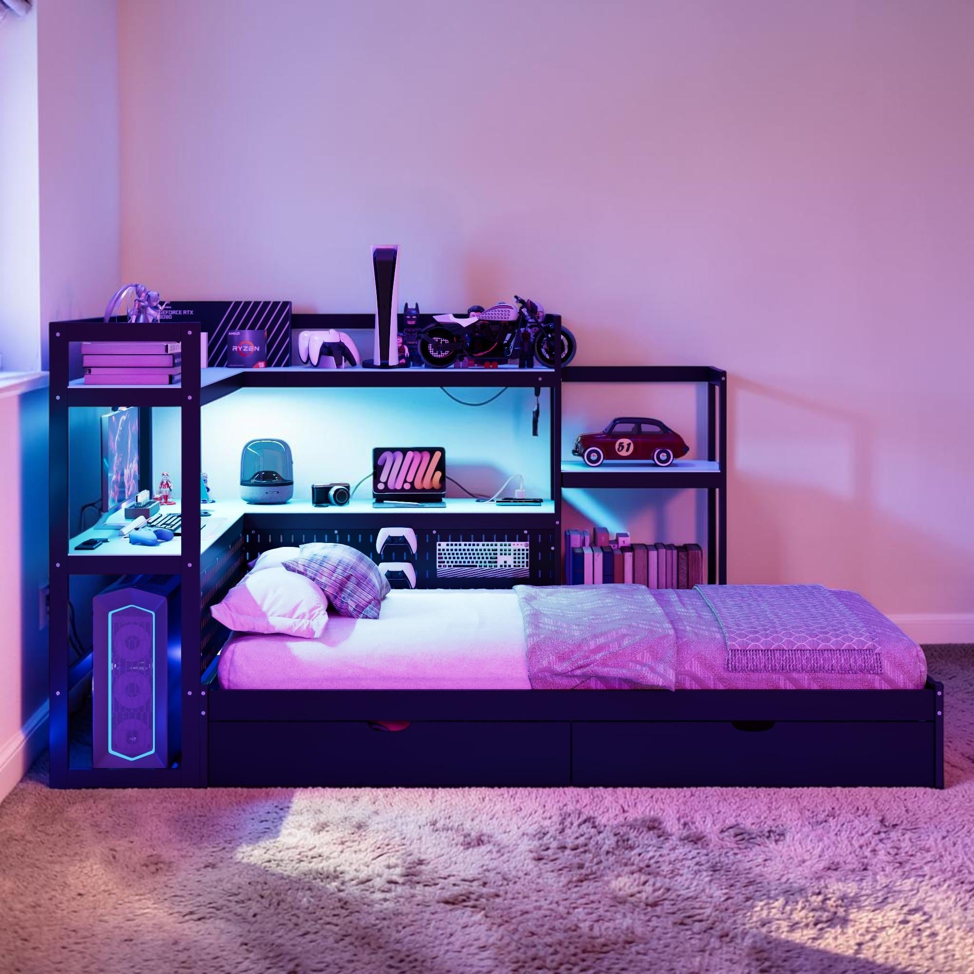 Twin Gaming Daybed With Desk And Led Lights Storage Drawers Charging Station Bookcase Headboard Bed Frame