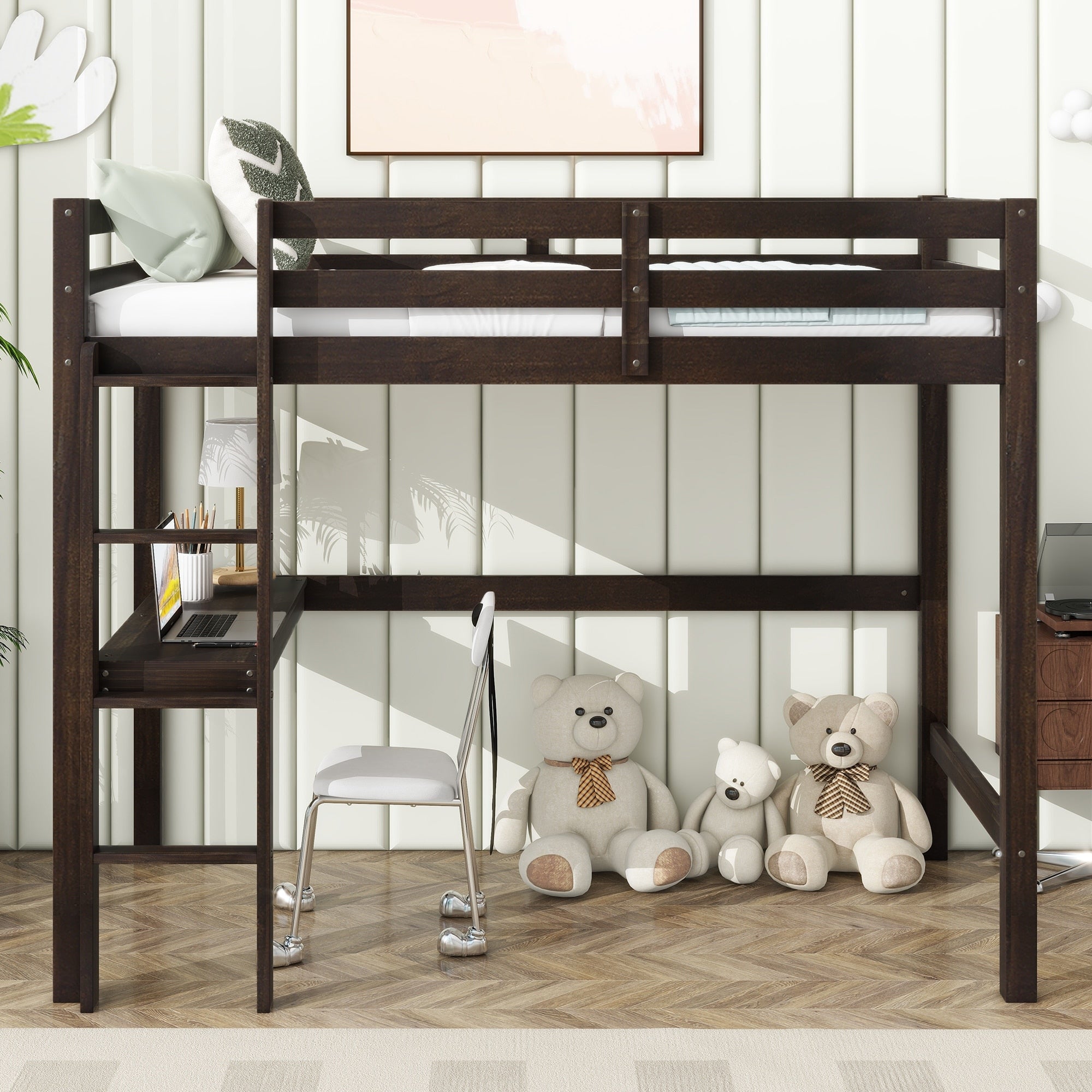 Twin High Loft Bed Rubber Wood Loft Bed With Safety Guardrail Built In Desk Ladder Espresso
