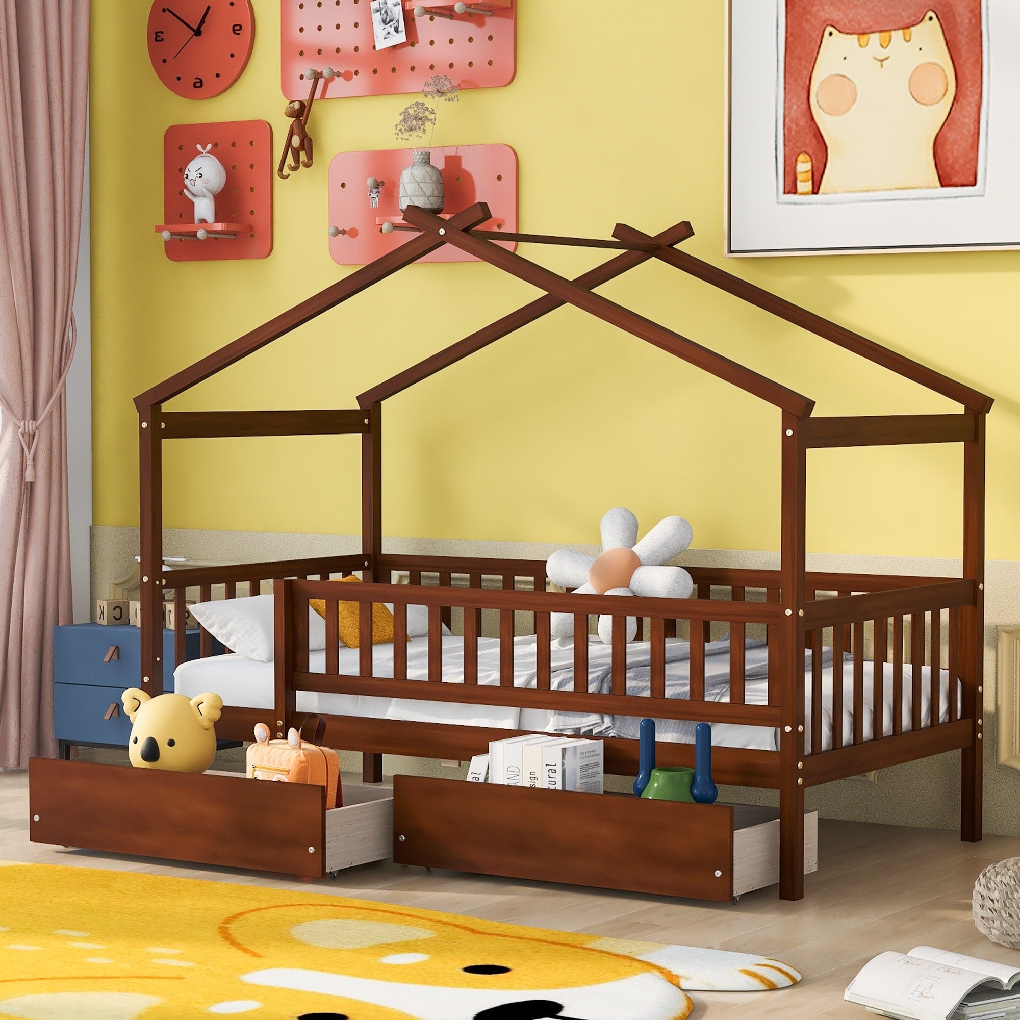 Twin House Bed With Roof Design 2 Storage Drawers For Kids