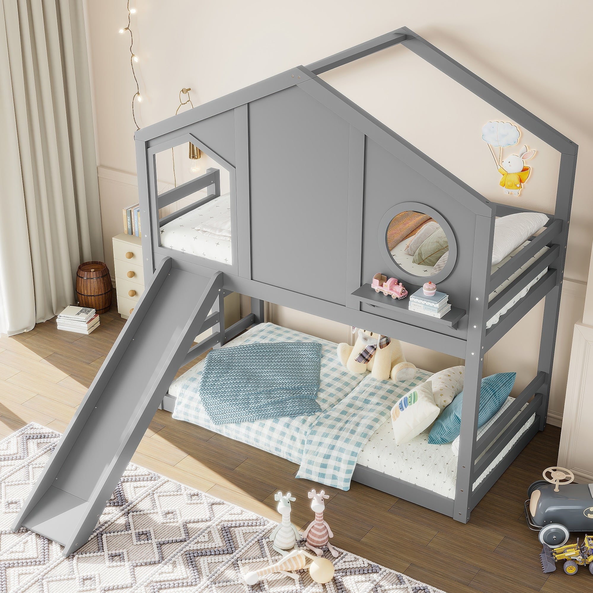 Twin House Bunk Bed With Slide Storage Shelves Solid Wood Childlike Design Window