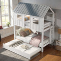 Twin House Bunk Bed With Trundle Roof And Window Design Solid Wood Triple Bed Frame For Kids Bedroom