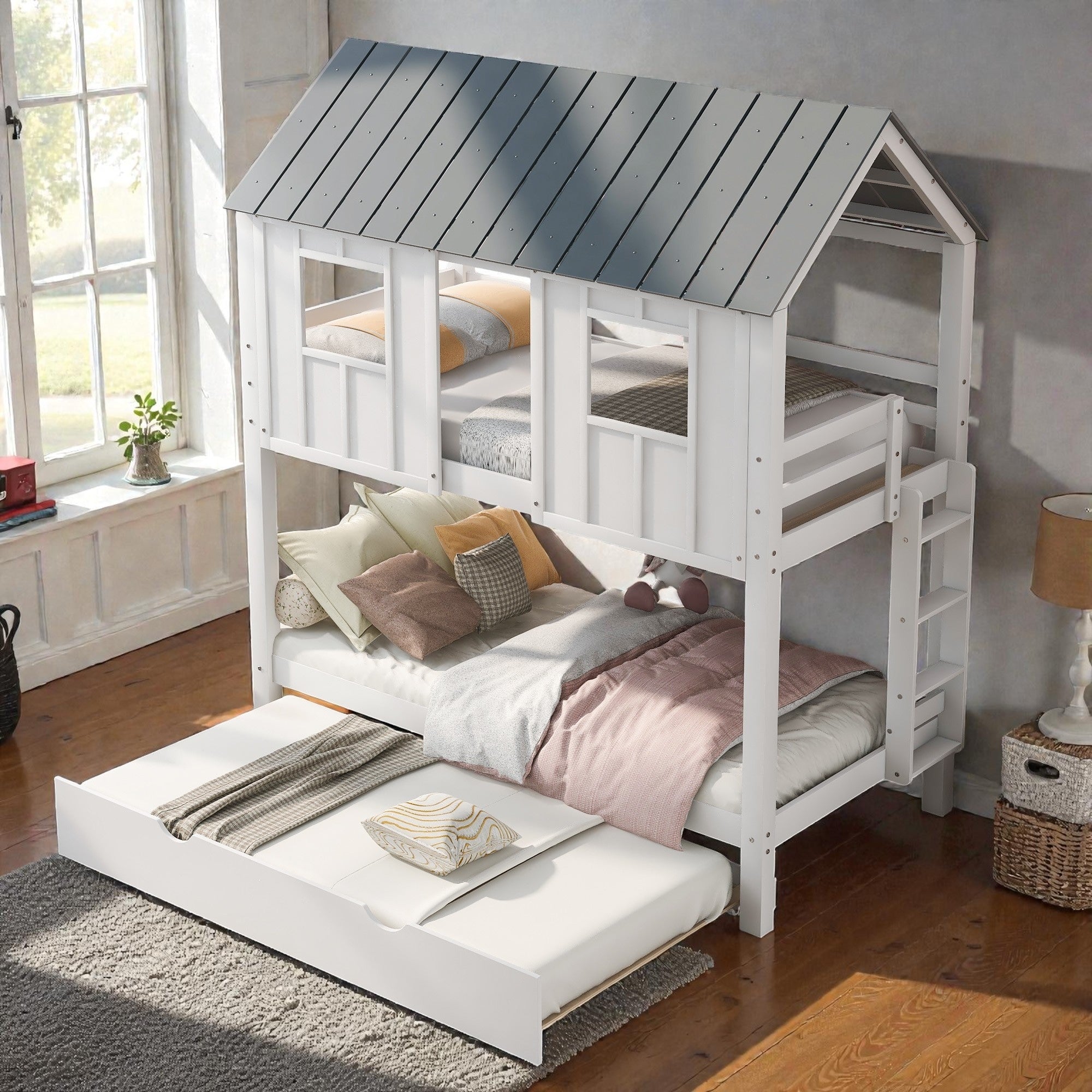 Twin House Bunk Bed With Trundle Roof And Window Design Solid Wood Triple Bed Frame For Kids Bedroom