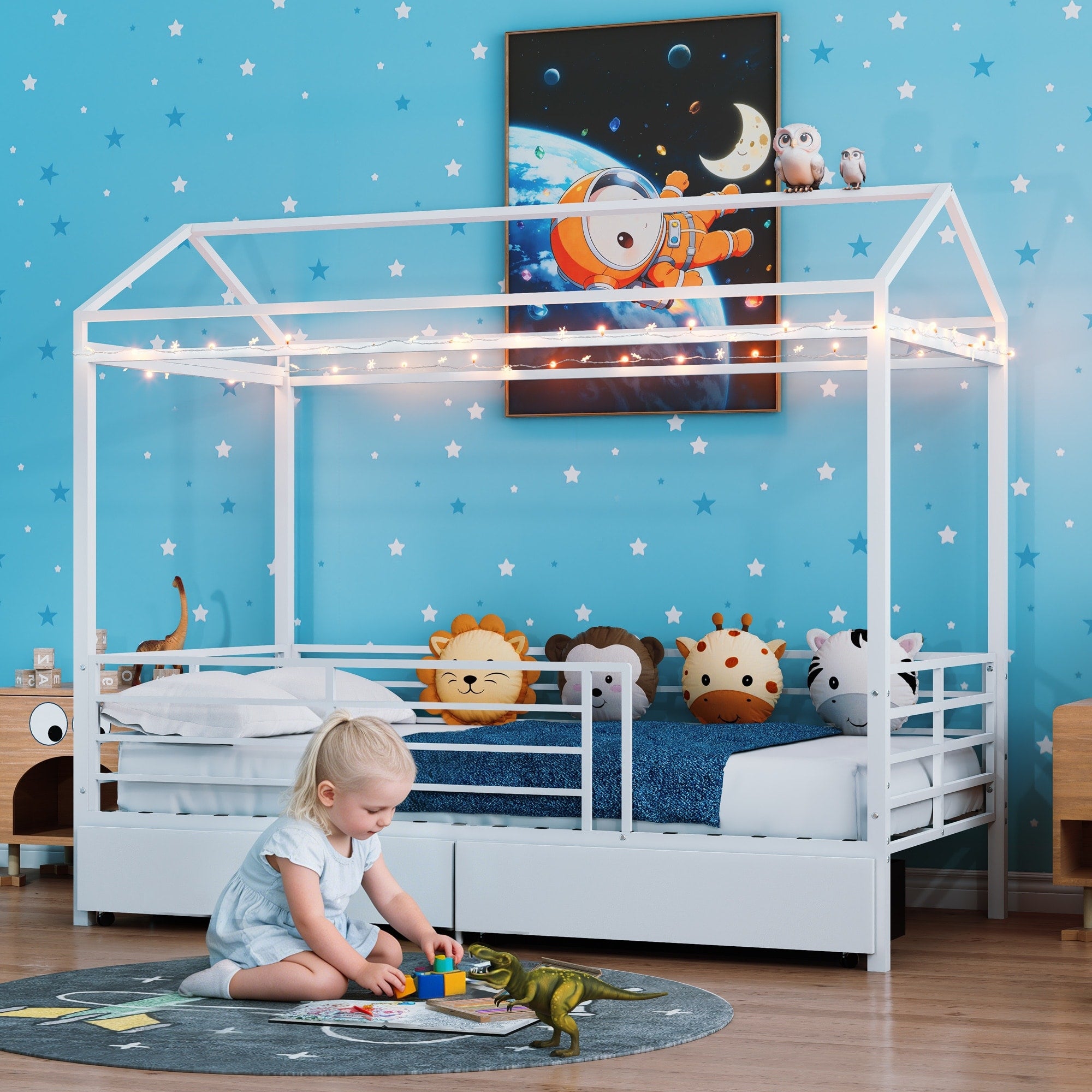 Twin House Floor Bed For Kids Boys Girls With Roof And Metal Frame