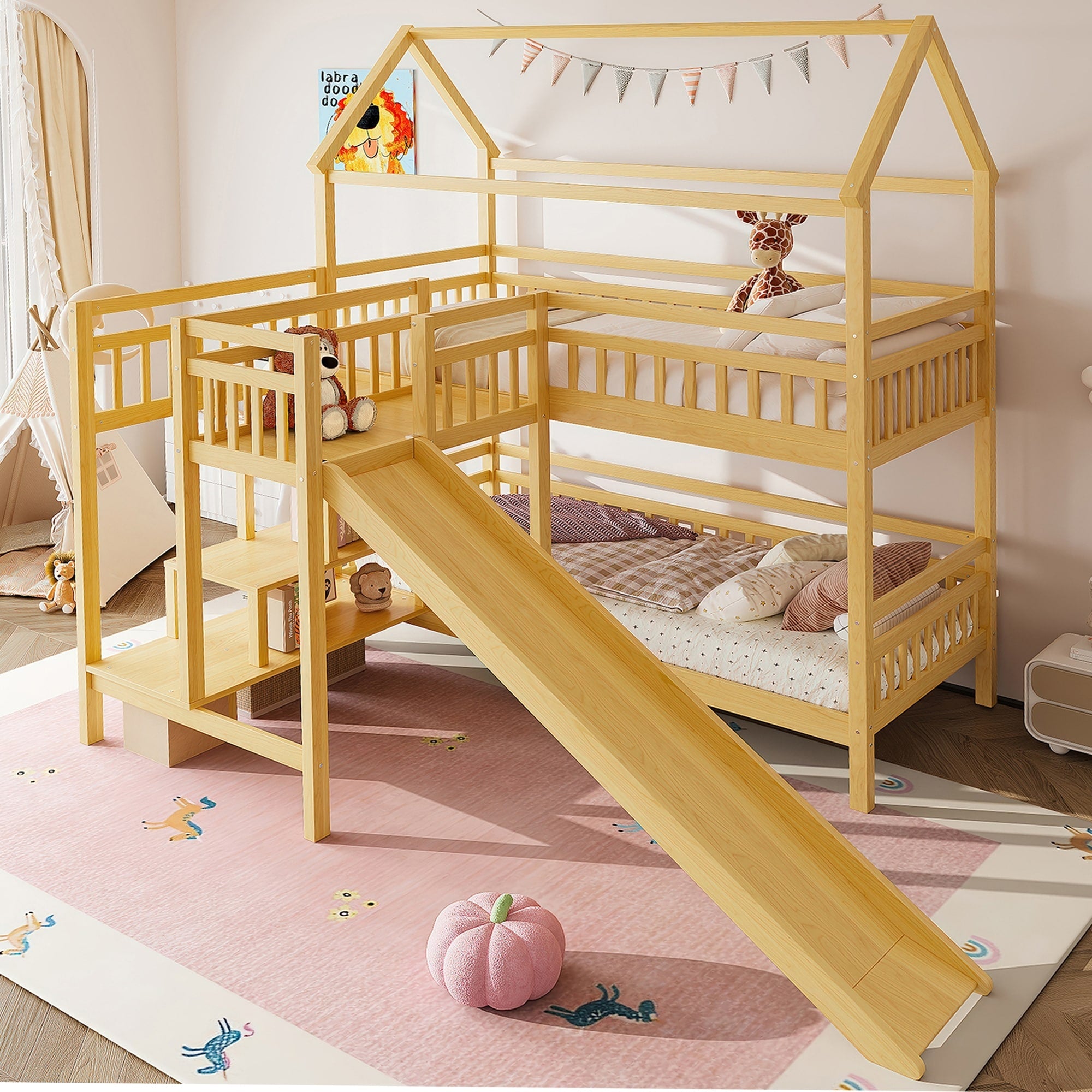Twin House Shaped Bunk Bed With Slide Playhouse Bed With Storage Stairs Two Placement Methods Noise Free Design Natural
