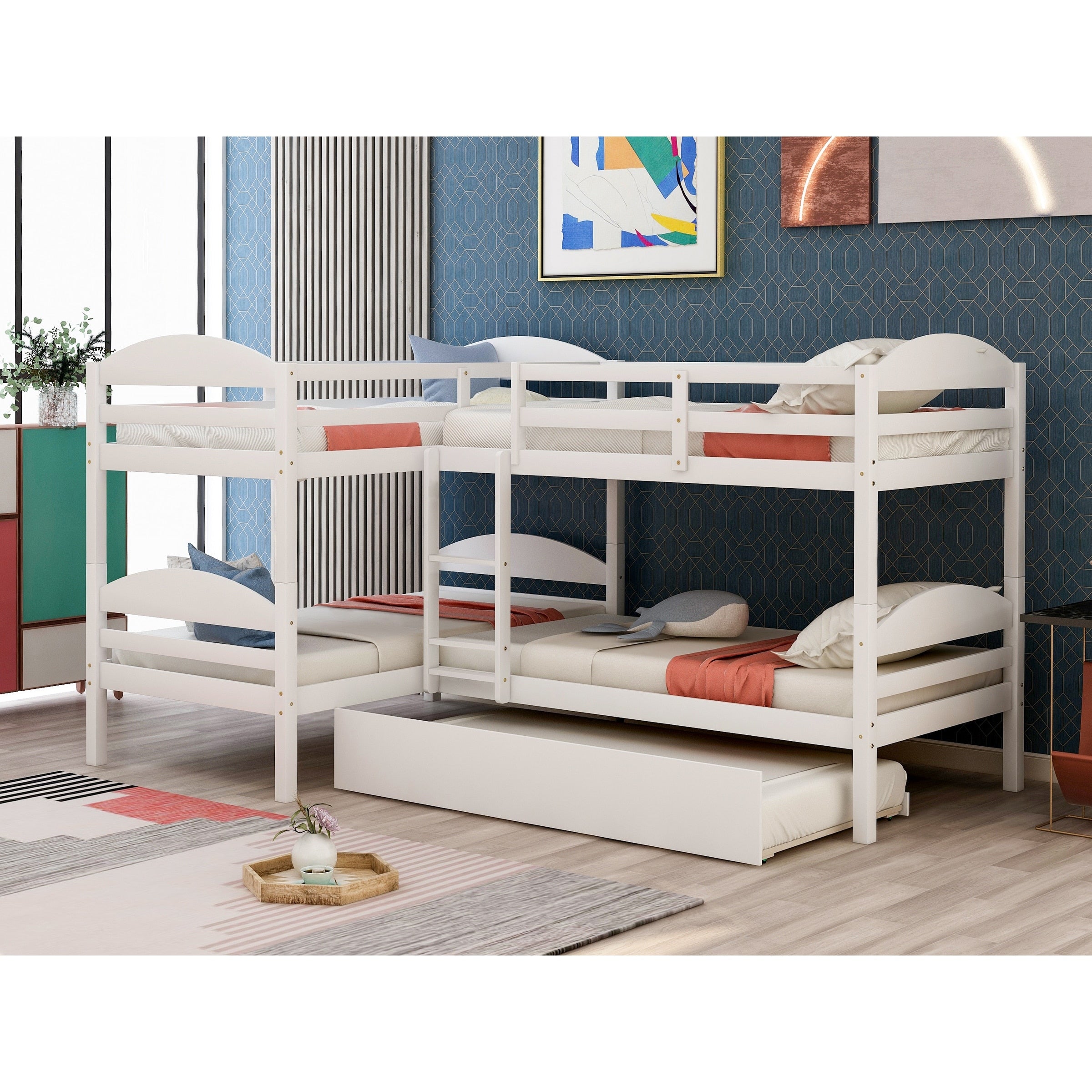 Twin L Shaped Bunk Bed With Trundle Solid Pine Wood Convertible Beds