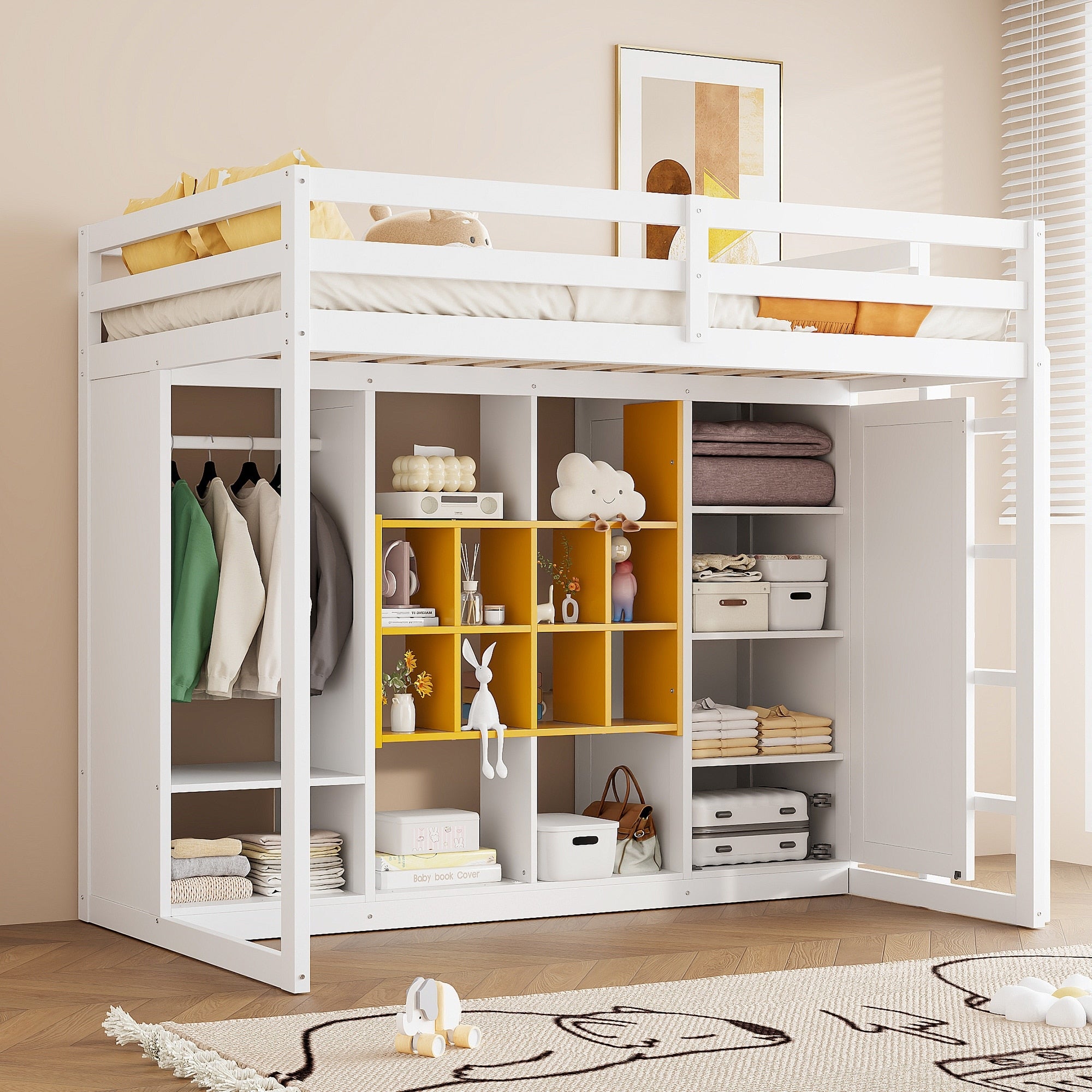Twin Loft Bed With Colorful Shelves Wardrobe And Reversible Staircase