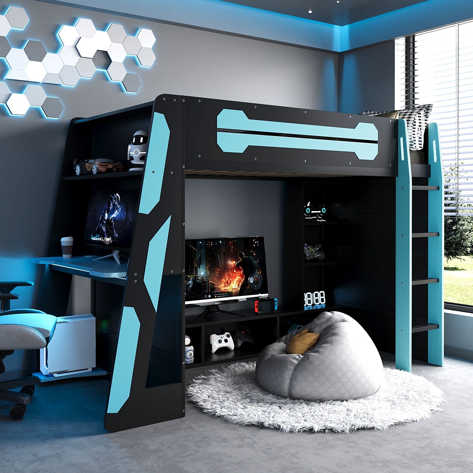 Twin Loft Bed With Esports Desk Rgb Lighting And Gaming Storage Shelves