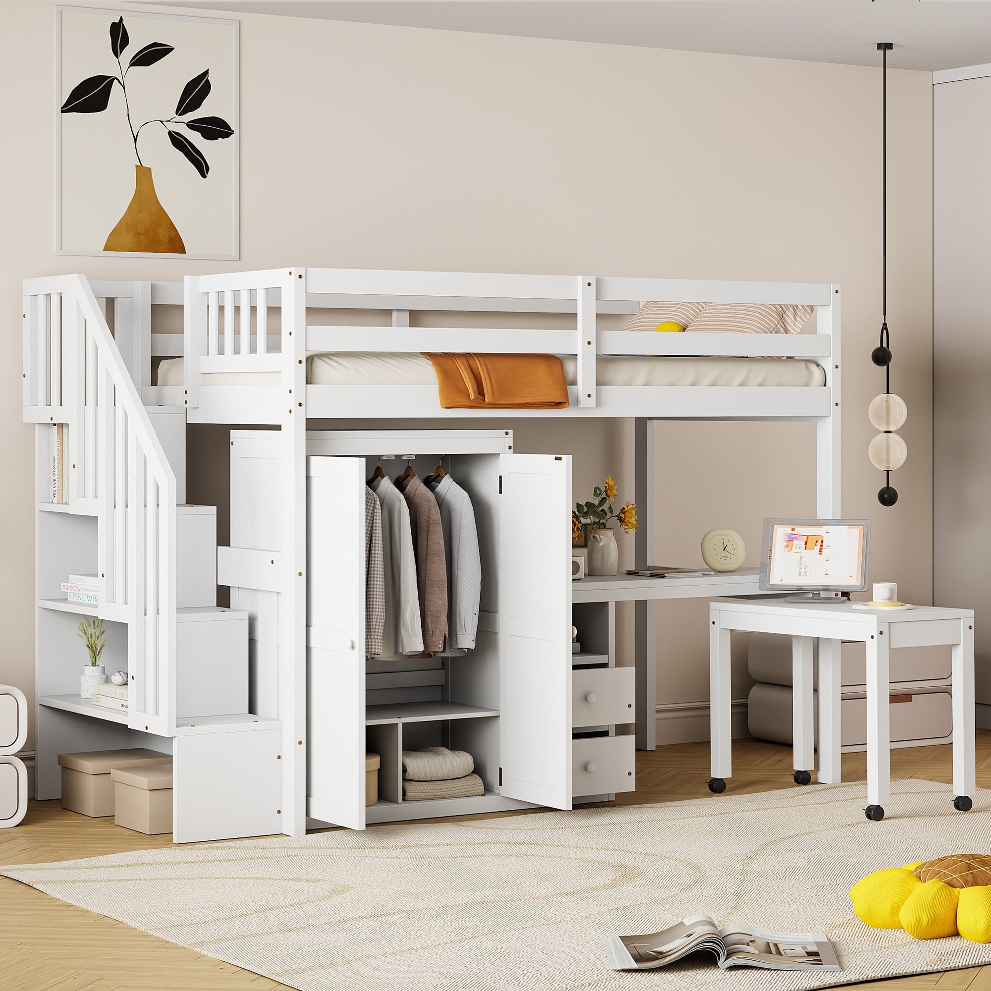 Twin Loft Bed With Stairs Desk Drawers Bookshelf Wardrobe Pine Wood