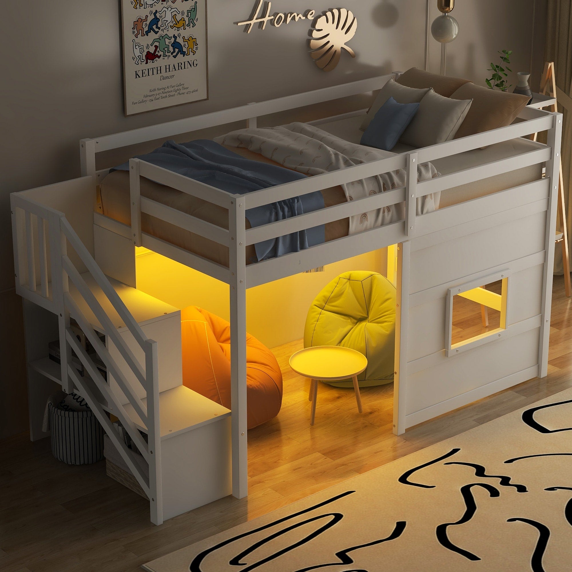 Twin Loft Bed With Storage Staircase Window Led Headboard