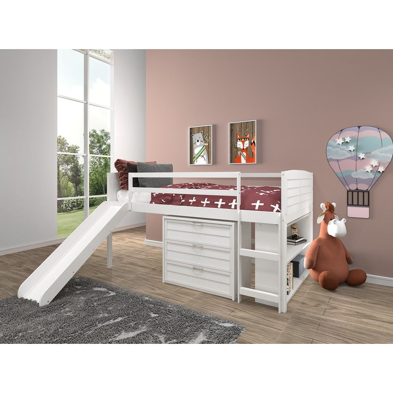 Twin Louver Low Loft In White With Slide 3 Drawer Chest 2 Drawer Chest With Shelves And Bookcase