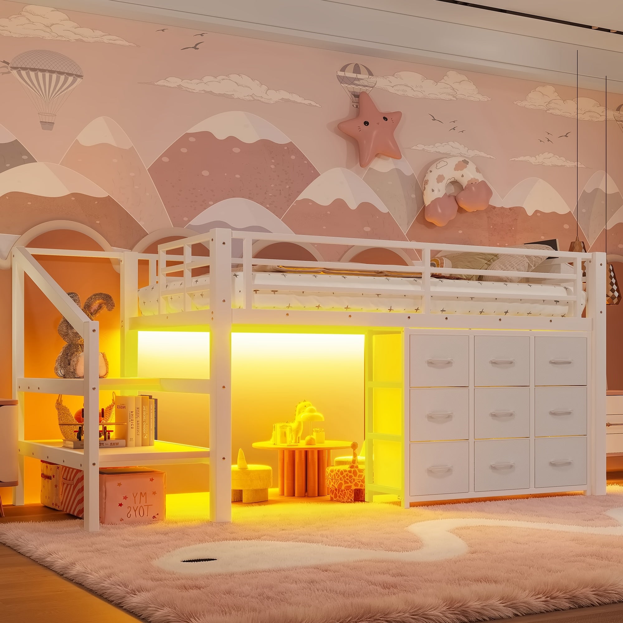 Twin Low Loft Bed With Multi Storage Spaces Including Fabric Drawers Fabric Shelves Beside The Bed Storage Stairs