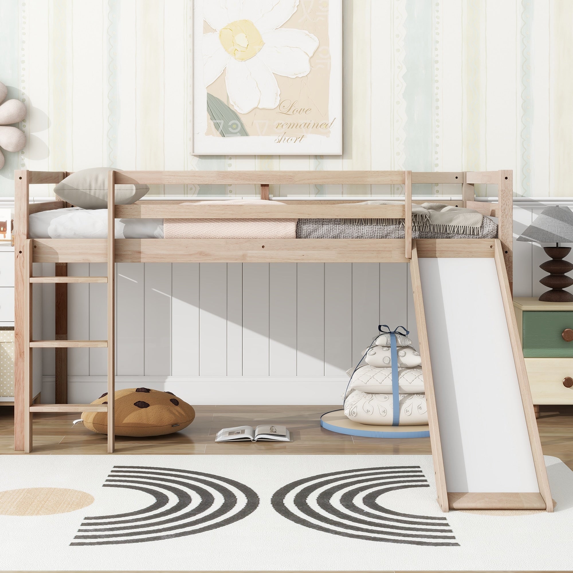 Twin Low Loft Bed With Slide Ladder Safety Guardrails Rubber Wood Twin Loft Bed Natural