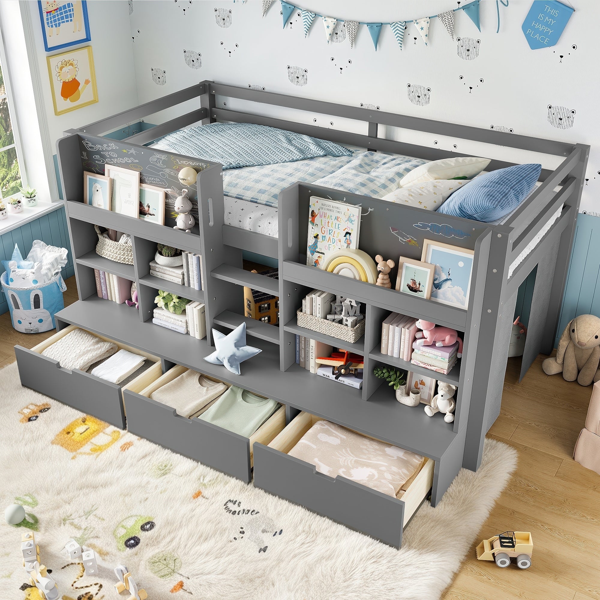 Twin Low Loft Bed With Storage Shelves Under Bed Curtain Chalkboard Design No Box Spring Needed