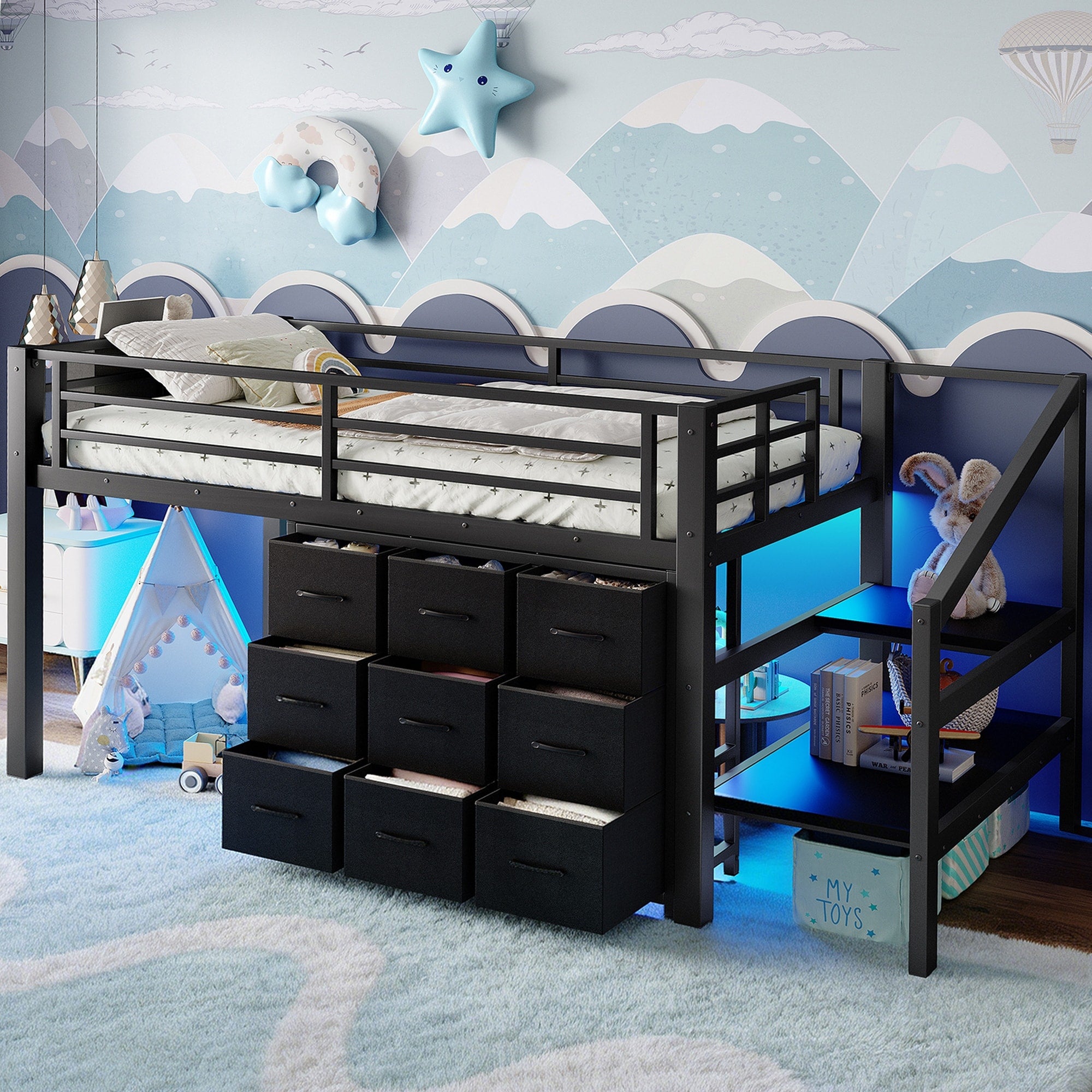 Twin Low Loft Metal Bed With Fabric Storage Drawers And Shelves Storage Stairs And Integrated Lights