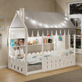 Twin Montessori Kids Floor Bed With Fence Tent Lights 3 Shelves Slats Not Included White