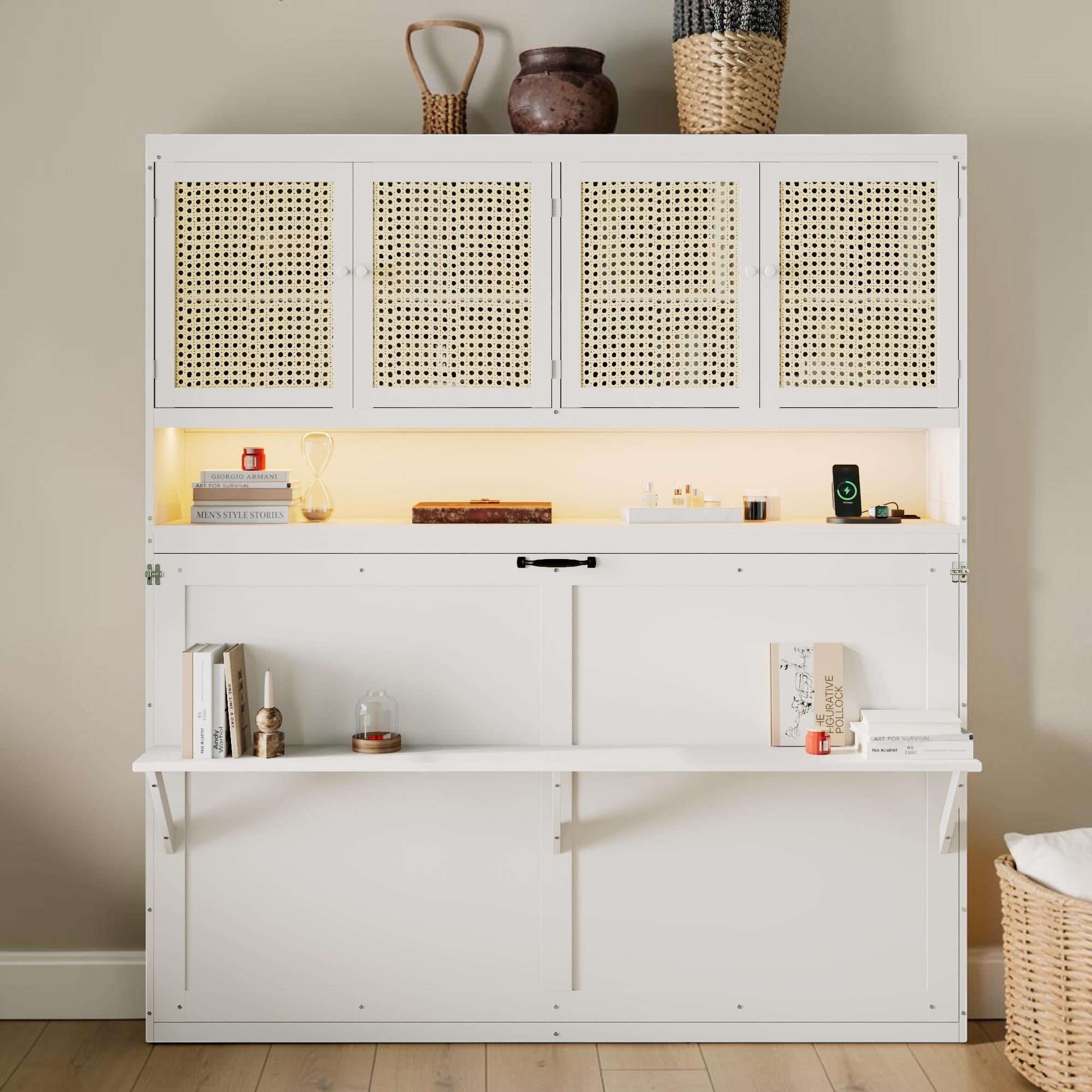 Twin Murphy Bed With Cabinet Usb Ports And Led Light Foldable Wall Bed With Storage Shelves