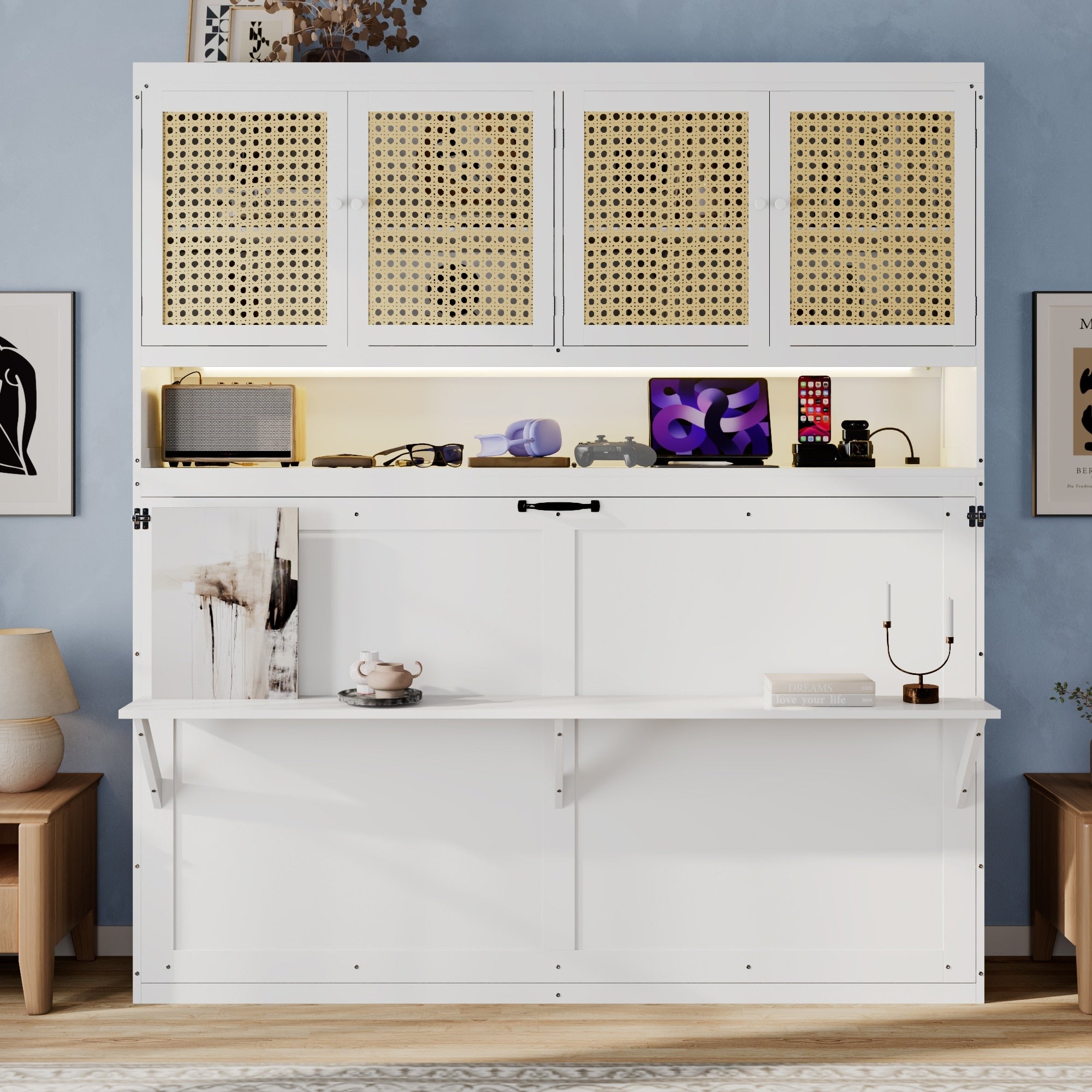 Twin Murphy Bed With Rattan Style Top Cabinet Open Storage Shelf Built In Light Usb By Harper Bright Designs