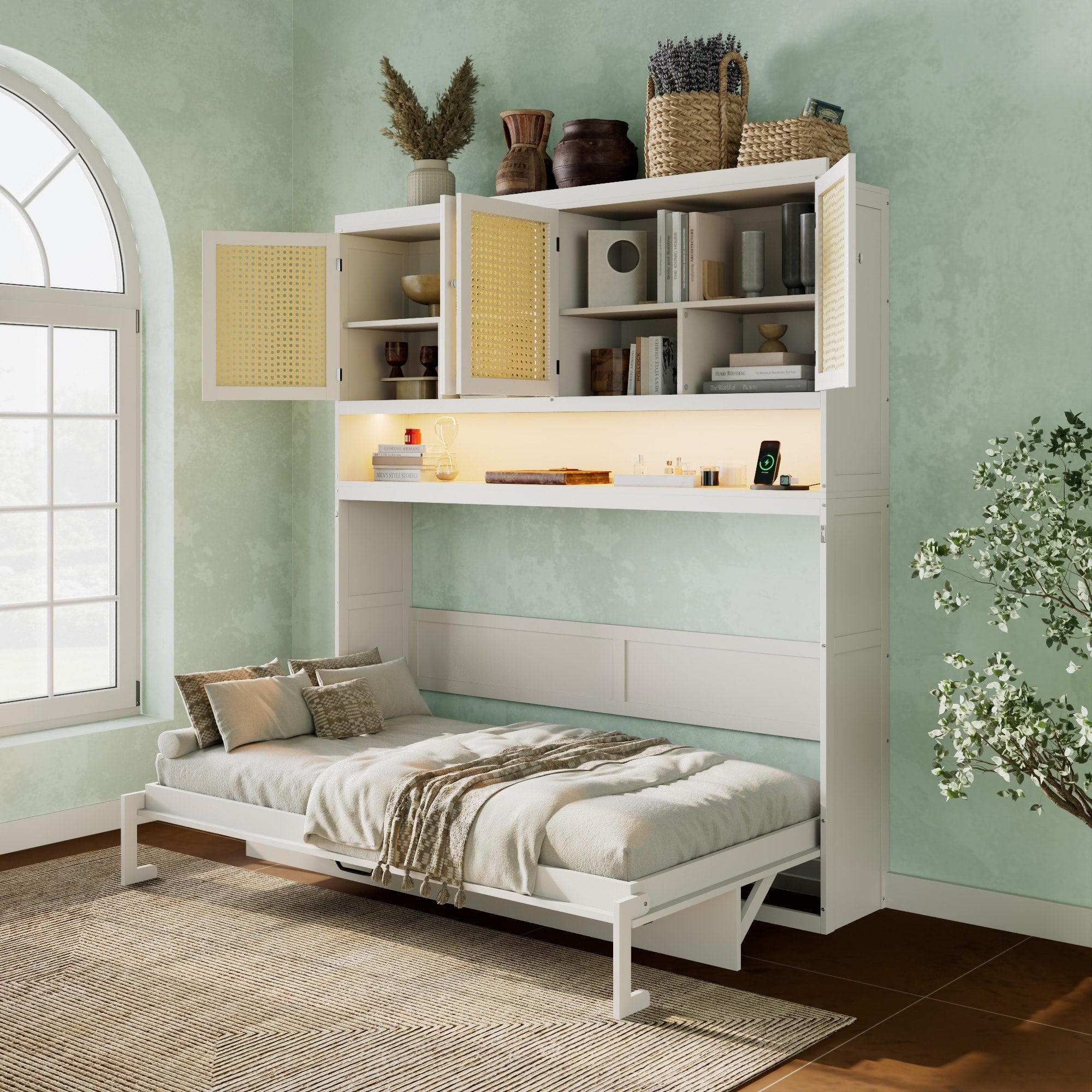 Twin Murphy Bed With Top Cabinet Led Light Usb Ports Space Saving