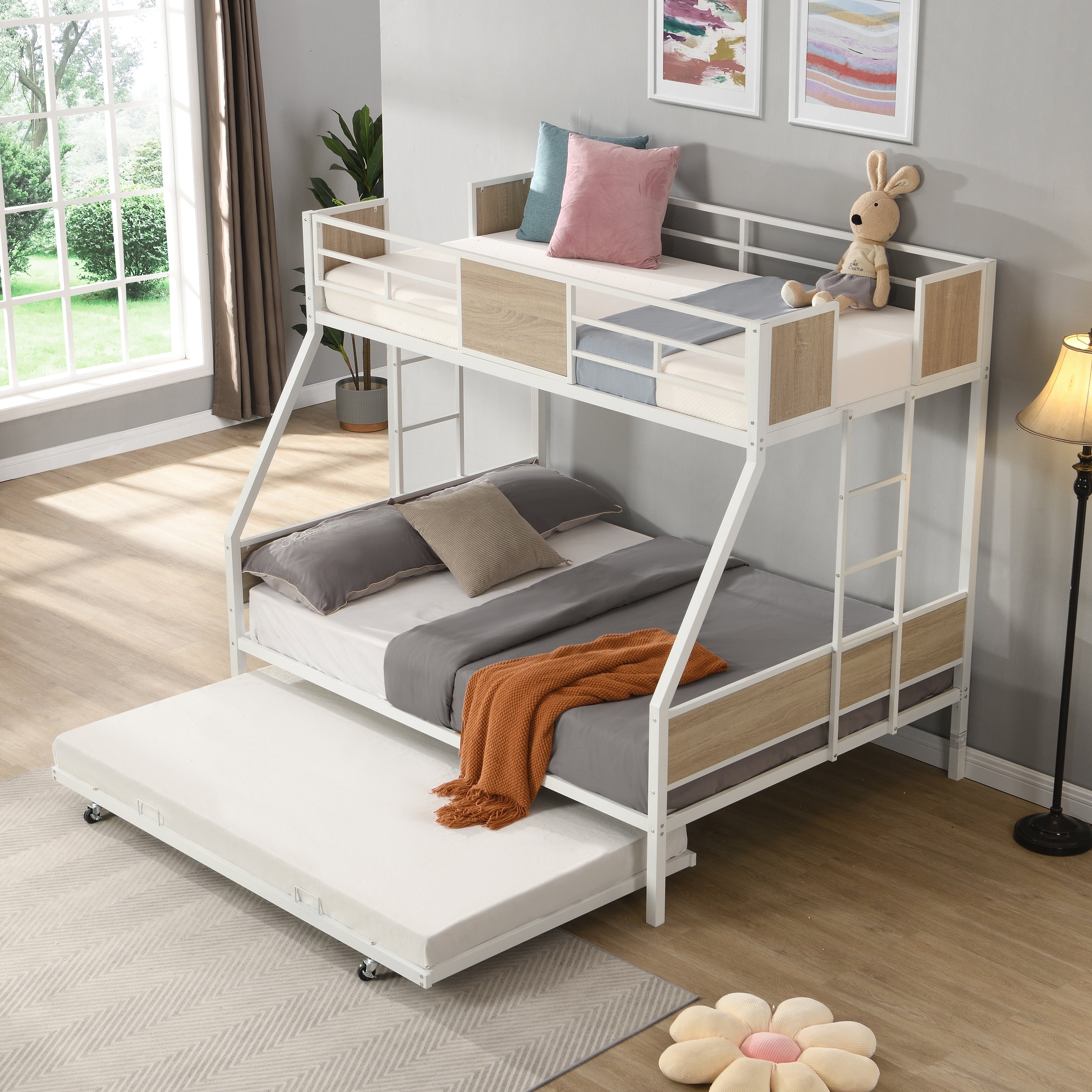 Twin Over Full Bed With Trundle 2 Side Ladder And Full Length Guardrail No Box Spring Needed Large Under Bed Storage