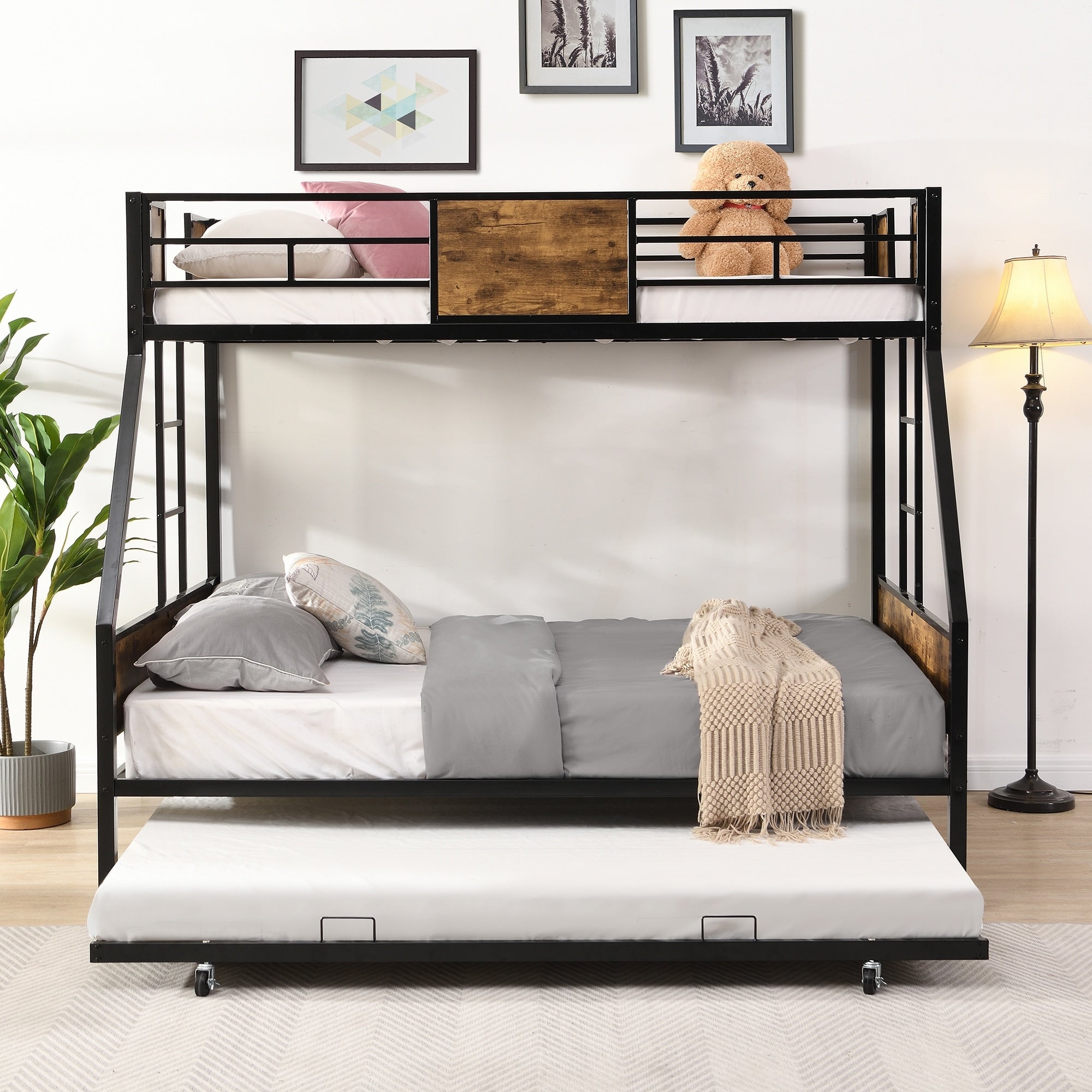 Twin Over Full Bed With Trundle 2 Side Ladder And Full Length Guardrail No Box Spring Needed Large Under Bed Storage