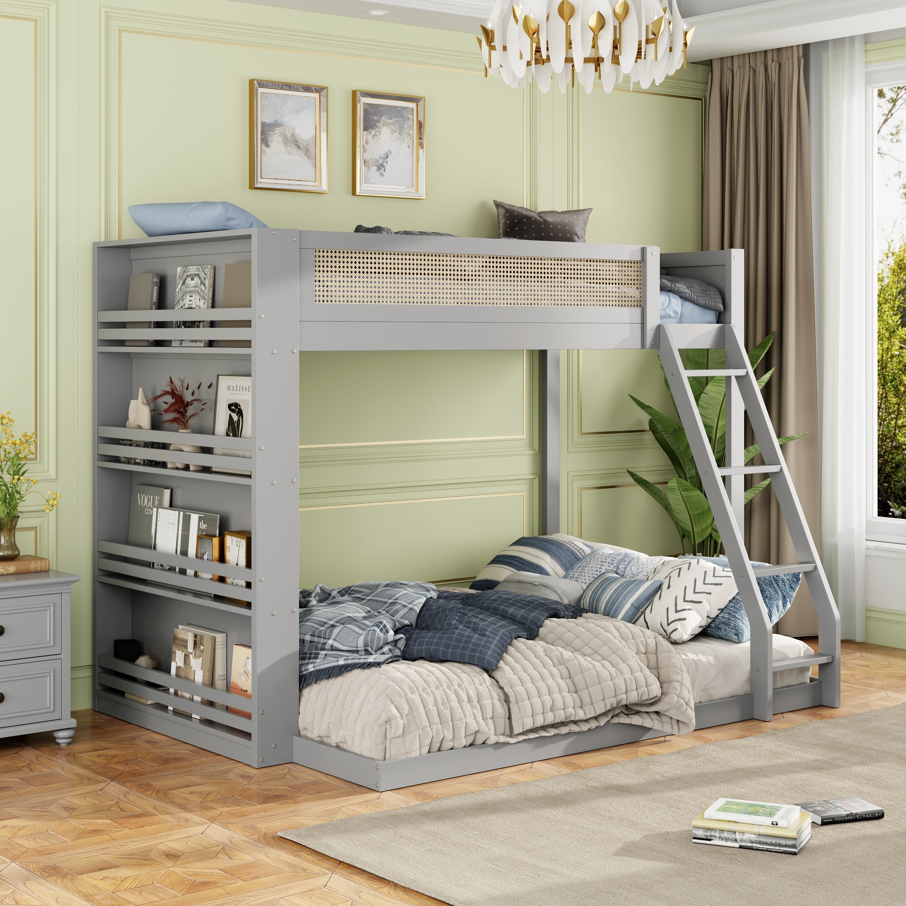 Twin Over Full Bunk Bed With Led Light Shelf Storage And Rattan Guardrail