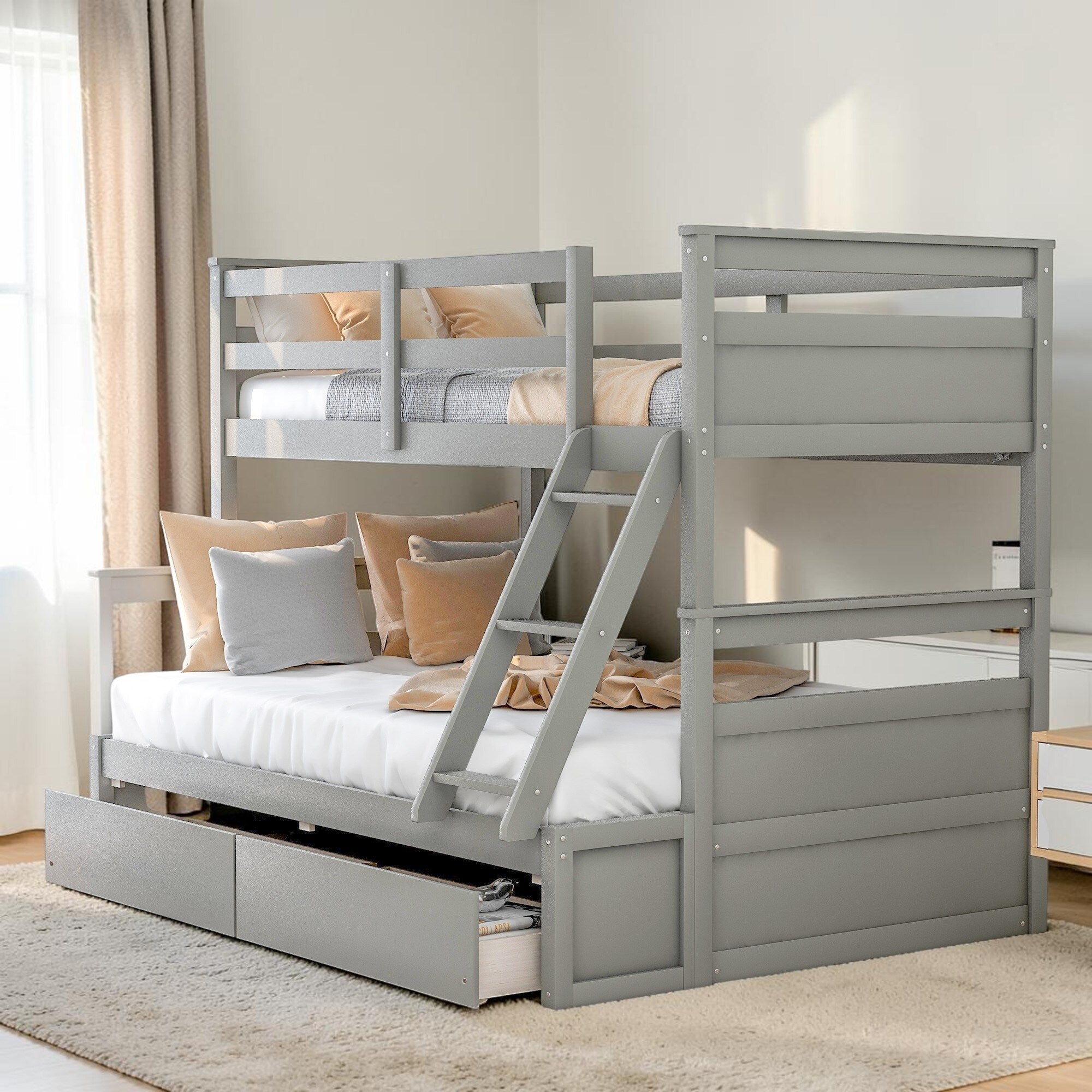 Twin Over Full Bunk Bed With Storage Drawers Convertible Wood Bunk Bed Frame No Box Spring Needed