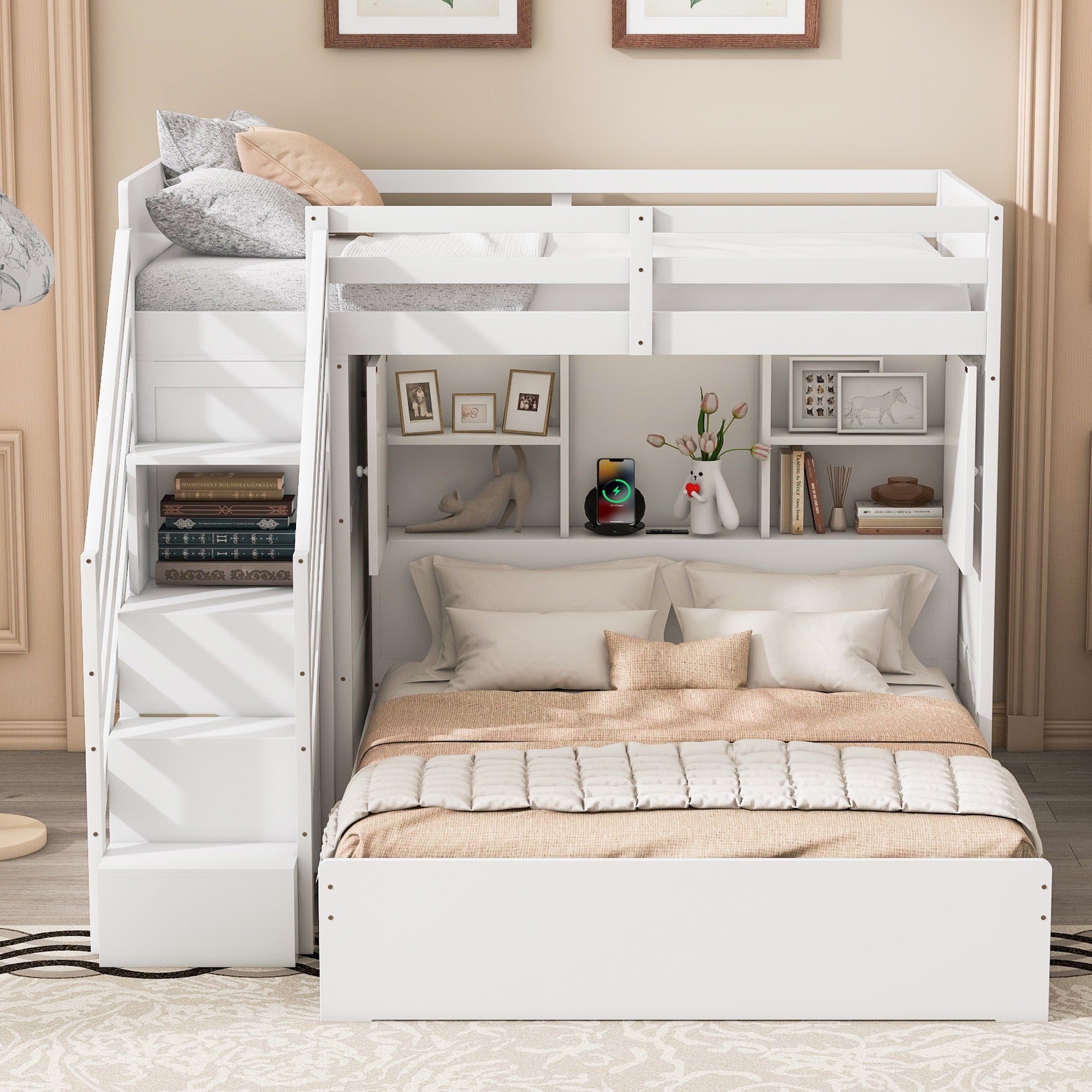 Twin Over Full Bunk Bed With Storage Stairs Wardrobe Usb Ports