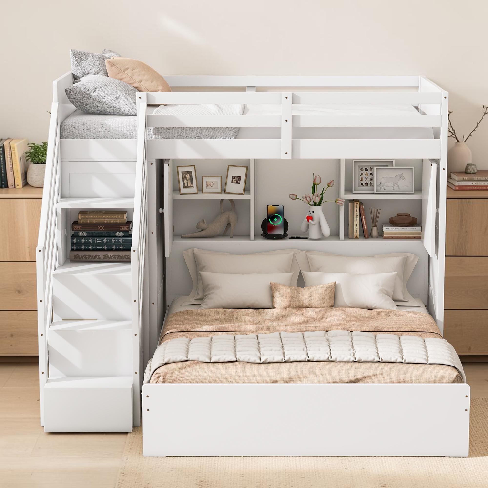 Twin Over Full Bunk Bed With Storage Stairs Wardrobe Usb And Light Wood Bunk Bed With Shelves